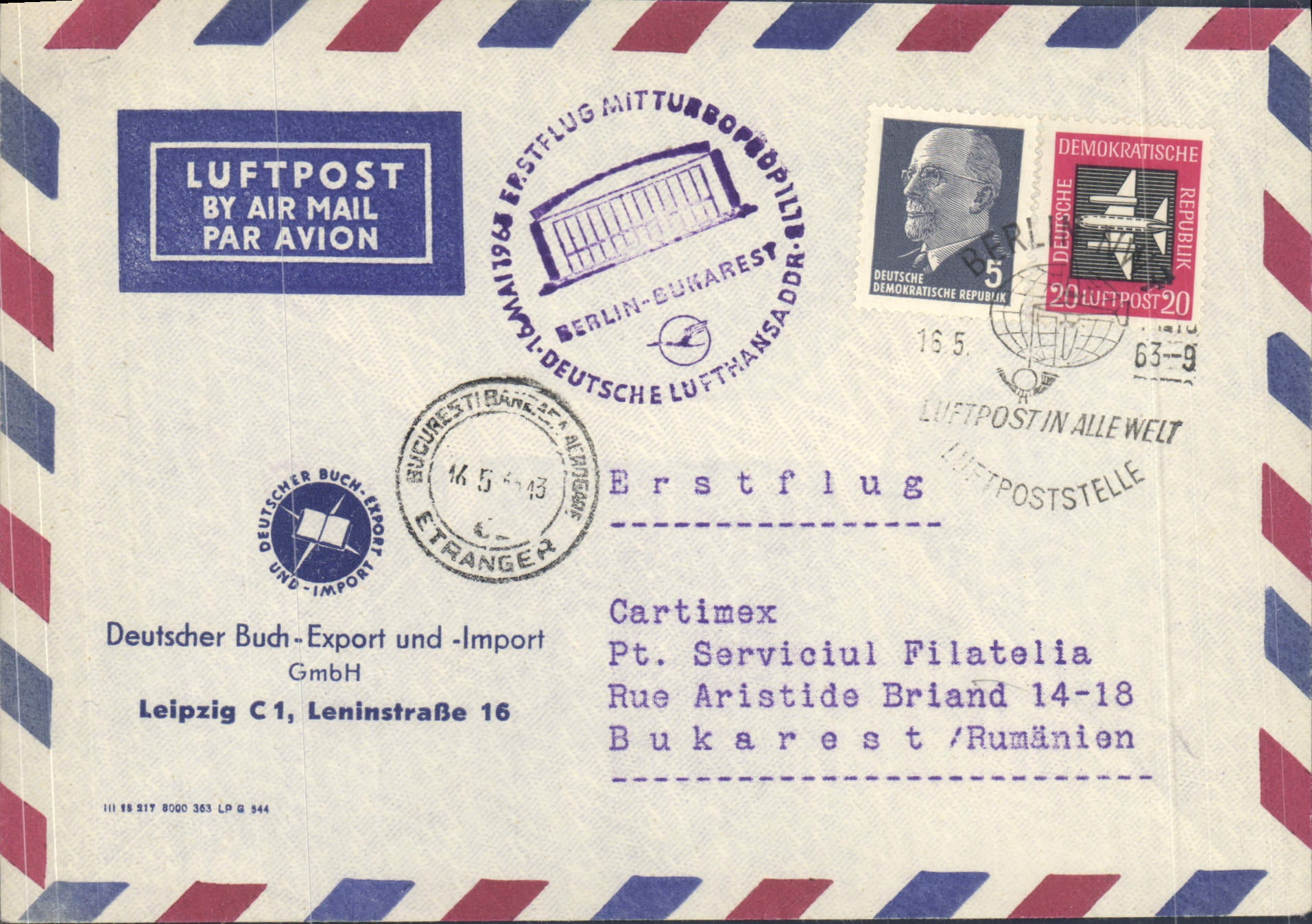 Lettre 1er Vol Leipzig Leninstrasse Roumanie 16 5 1956