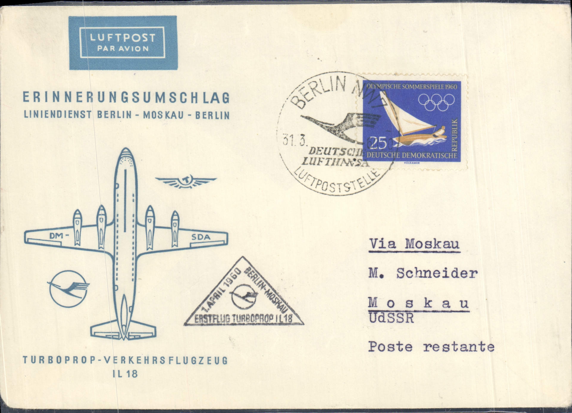 Lettre 1er Vol Berlin Moskau Berlin 31 3 1960
