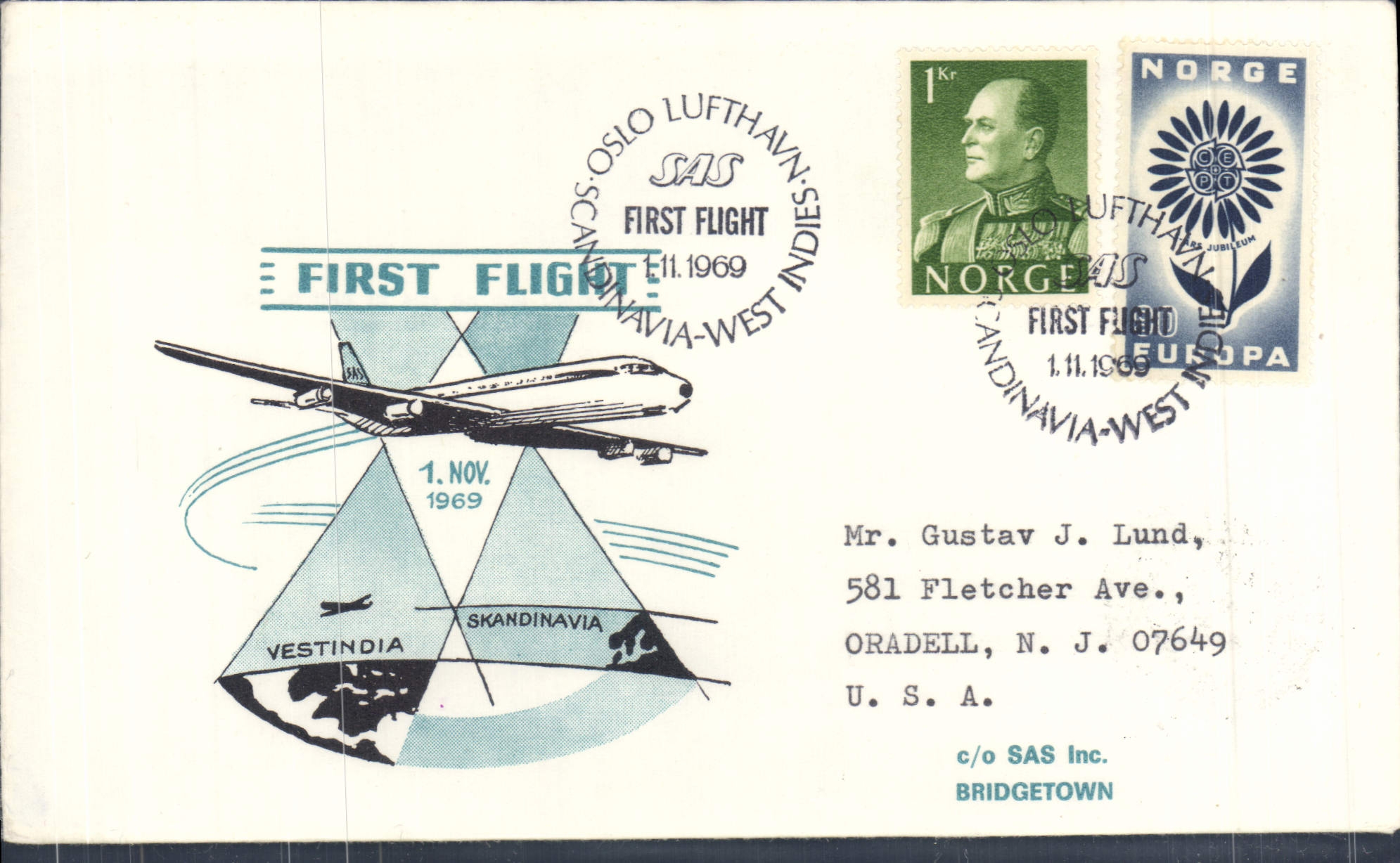 Lettre 1er Vol Oslo West Indies 1 11 1969