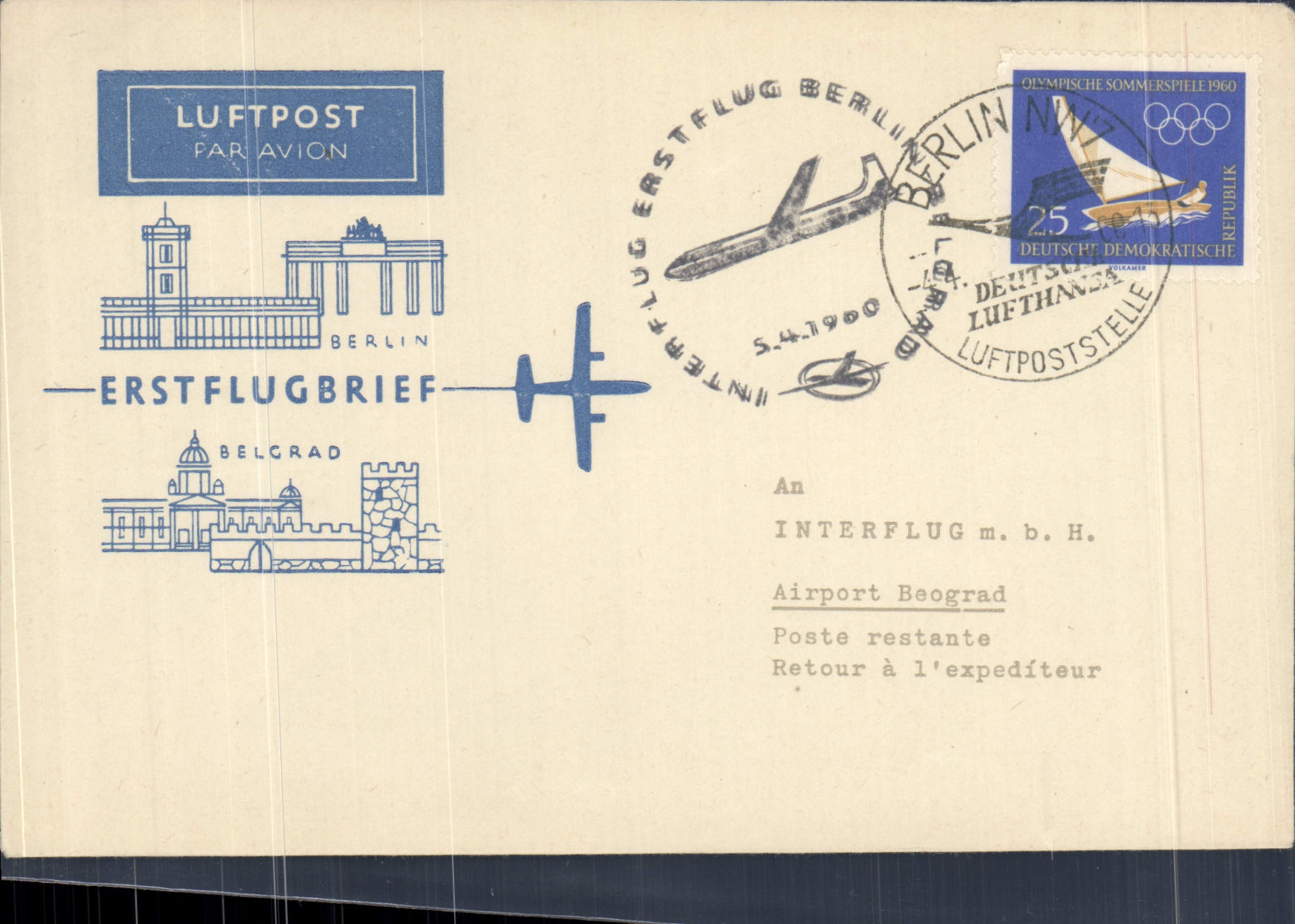 Lettre 1er Vol Berlin Belgrad 5 4 1960 