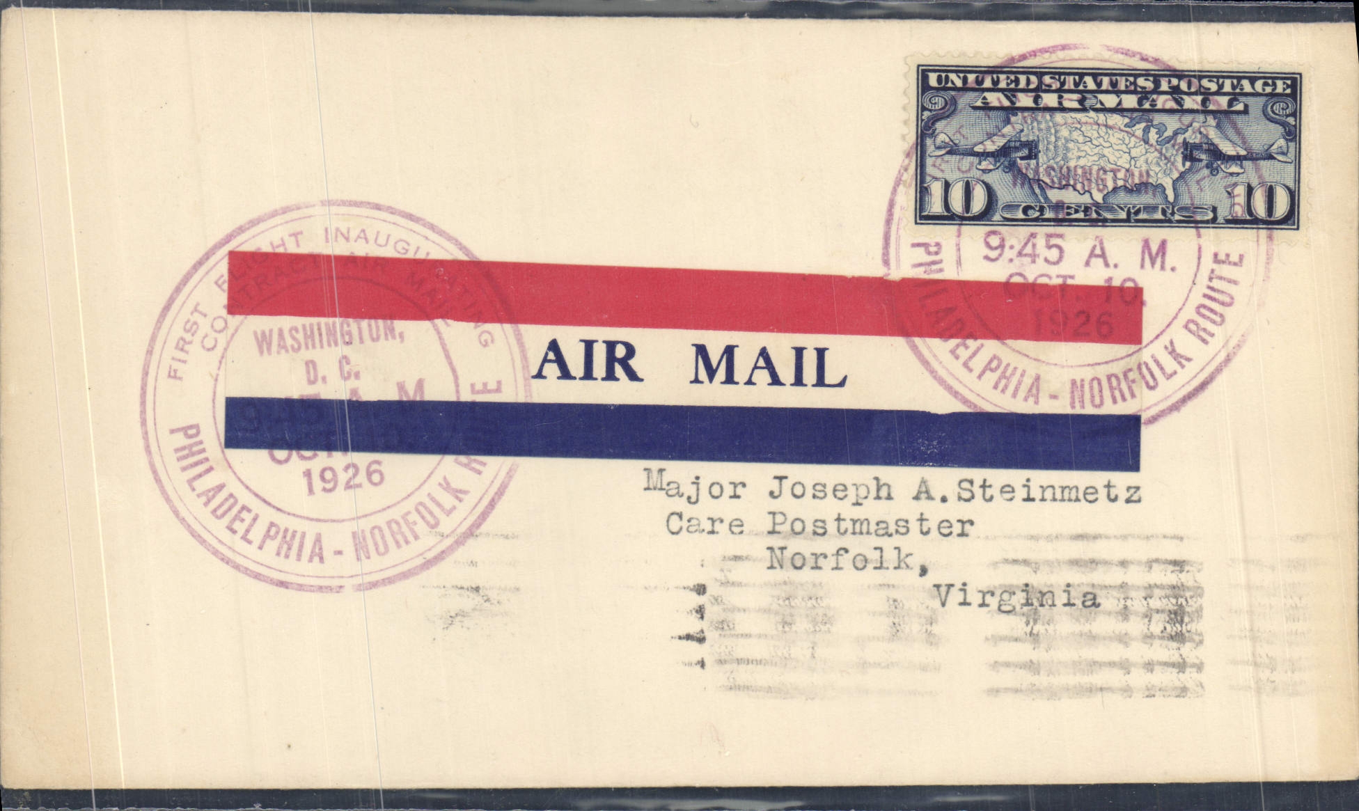 Premier vol Washington D.C. - Norfolk — 10 cents Air Mail — éditeur non visible