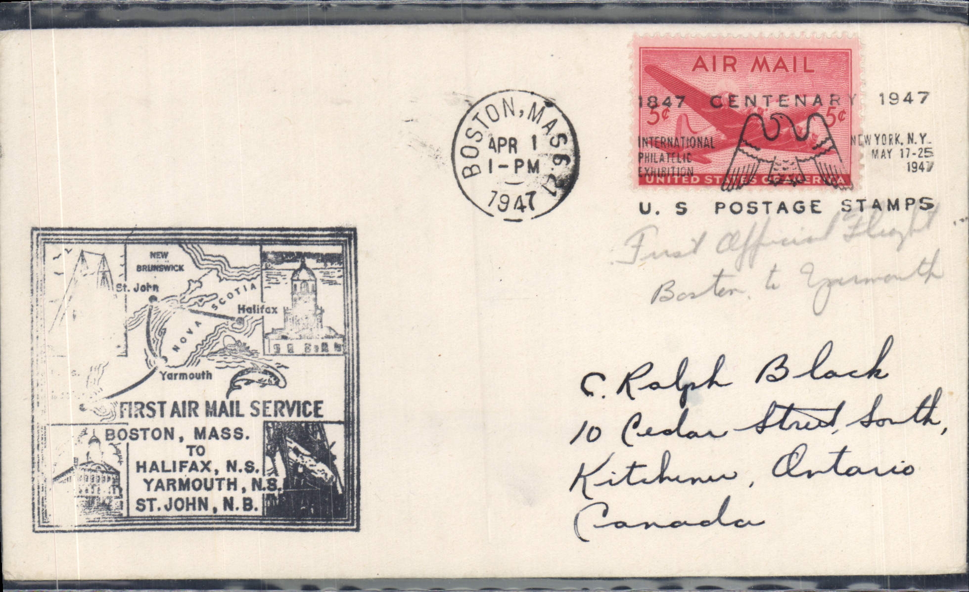 Primo servizio postale aereo — Boston, Mass. a Halifax, N.S. — Timbri Postali USA 1847 Centenario