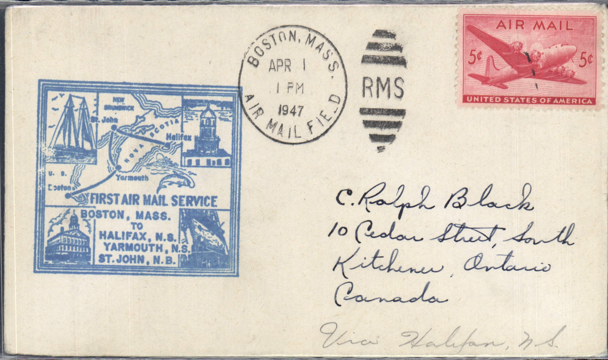 Service aérien Boston - Halifax - Yarmouth — U.S. Air Mail Field, Boston, Mass. — 1er avril 1947