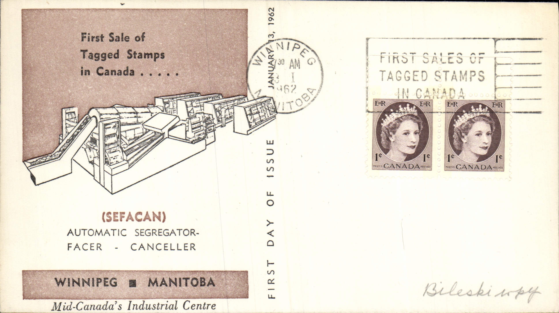 Lettre Canada Sefacan Automatic Segregator Winniped Manitoba Tagged stamps 13 1 1962 