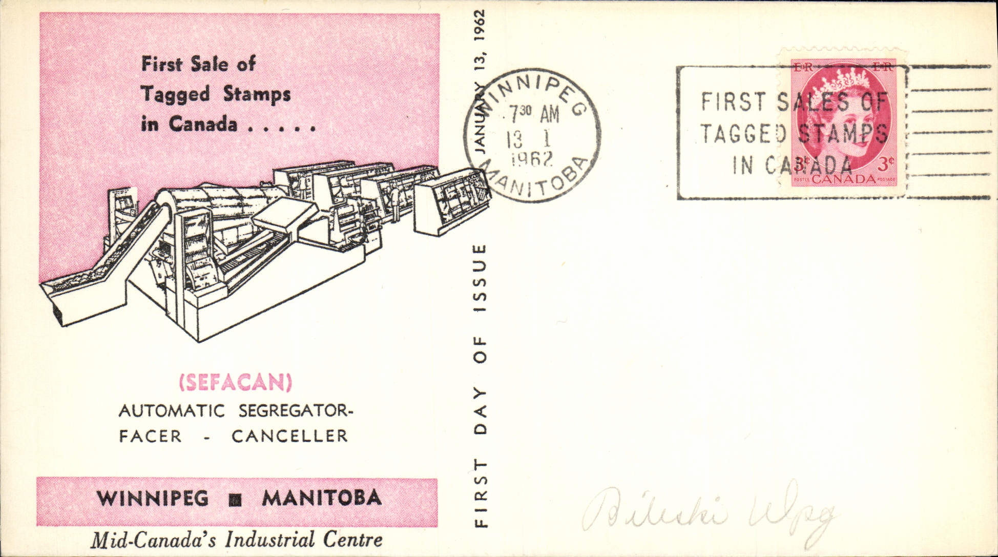 Lettre Canada Sefacan Automatic Segregator Winniped Manitoba Tagged stamps 13 1 1962 