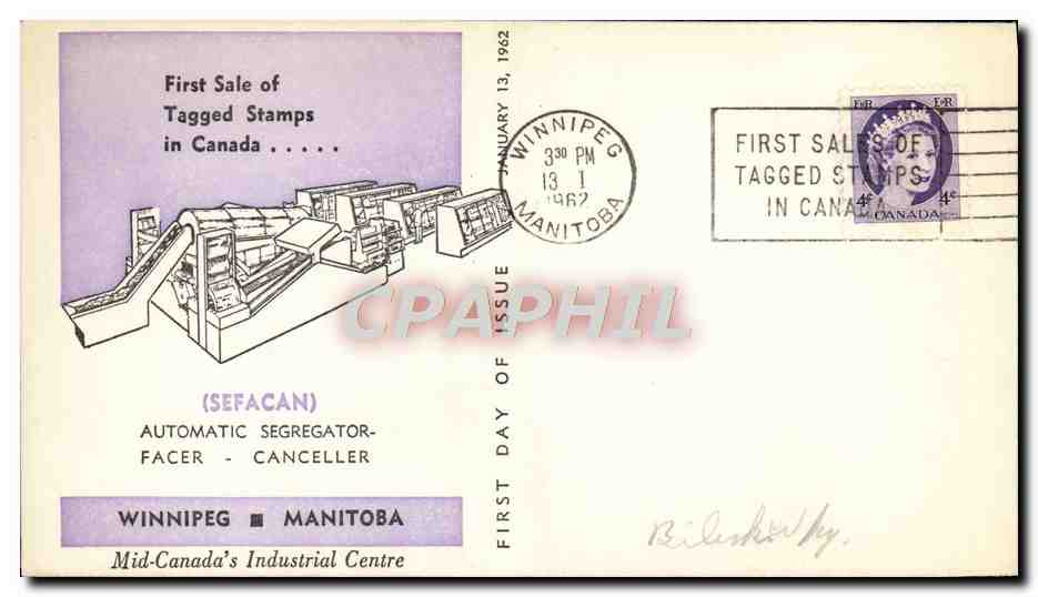 Lettre Canada Sefacan Automatic Segregator Winniped Manitoba Tagged stamps 13 1 1962 