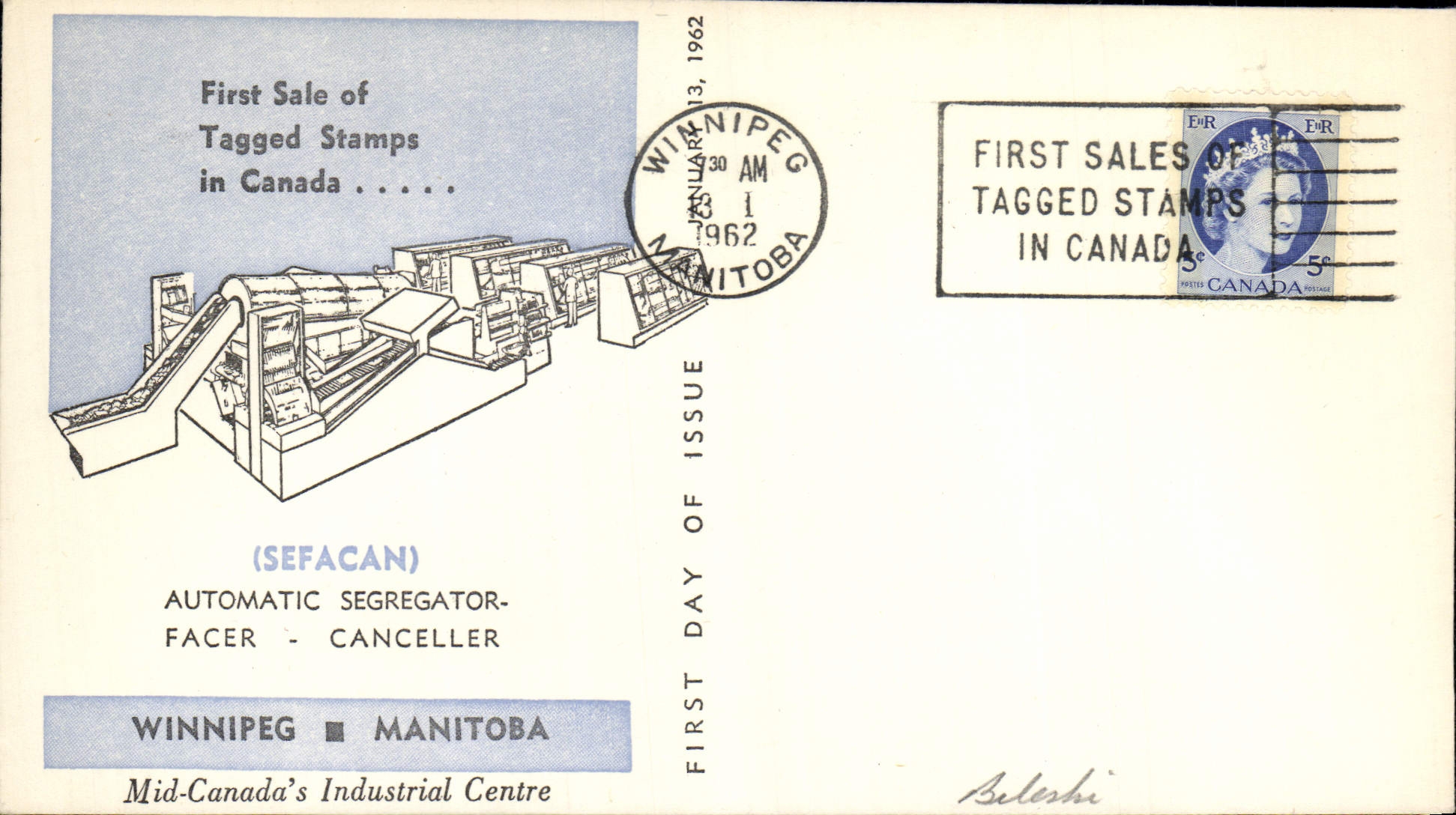 Lettre Canada Sefacan Automatic Segregator Winniped Manitoba Tagged stamps 13 1 1962 