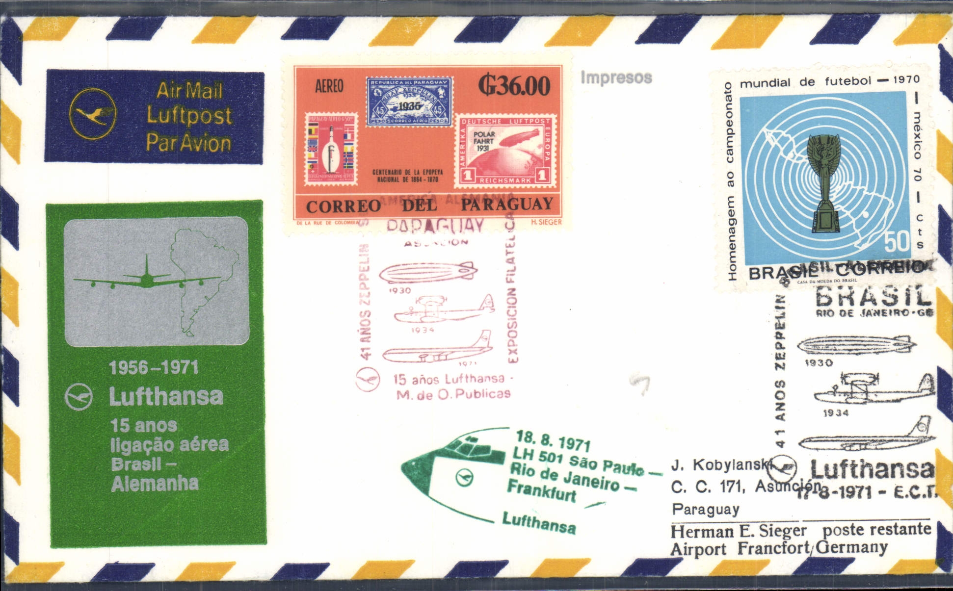 Lettre Paraguay Bresil Allemagne Lufthansa 18 8 1971 Football Zeppelin 