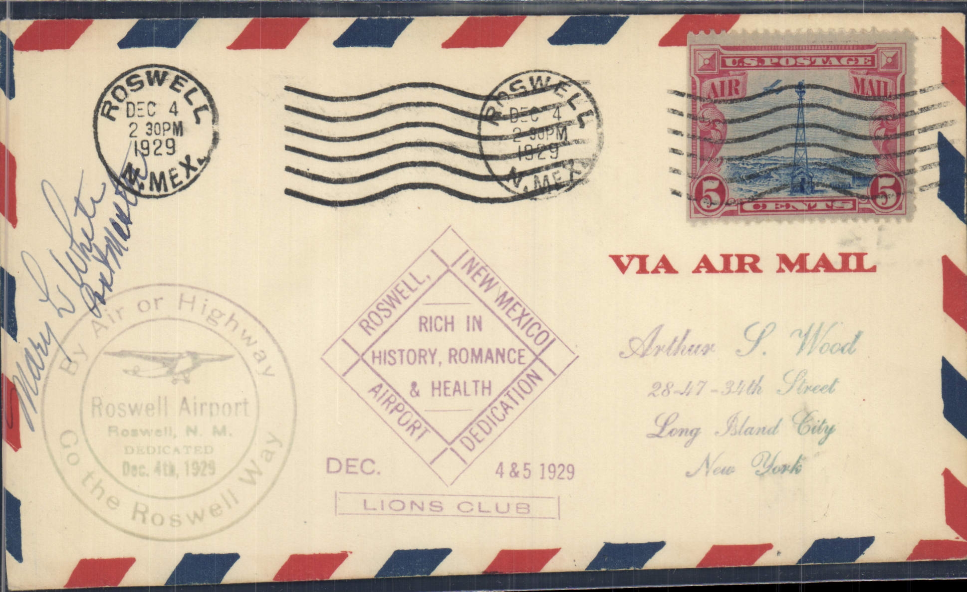 Lettre Etats Unis Roswell Airport Lions Club 4 12 1929