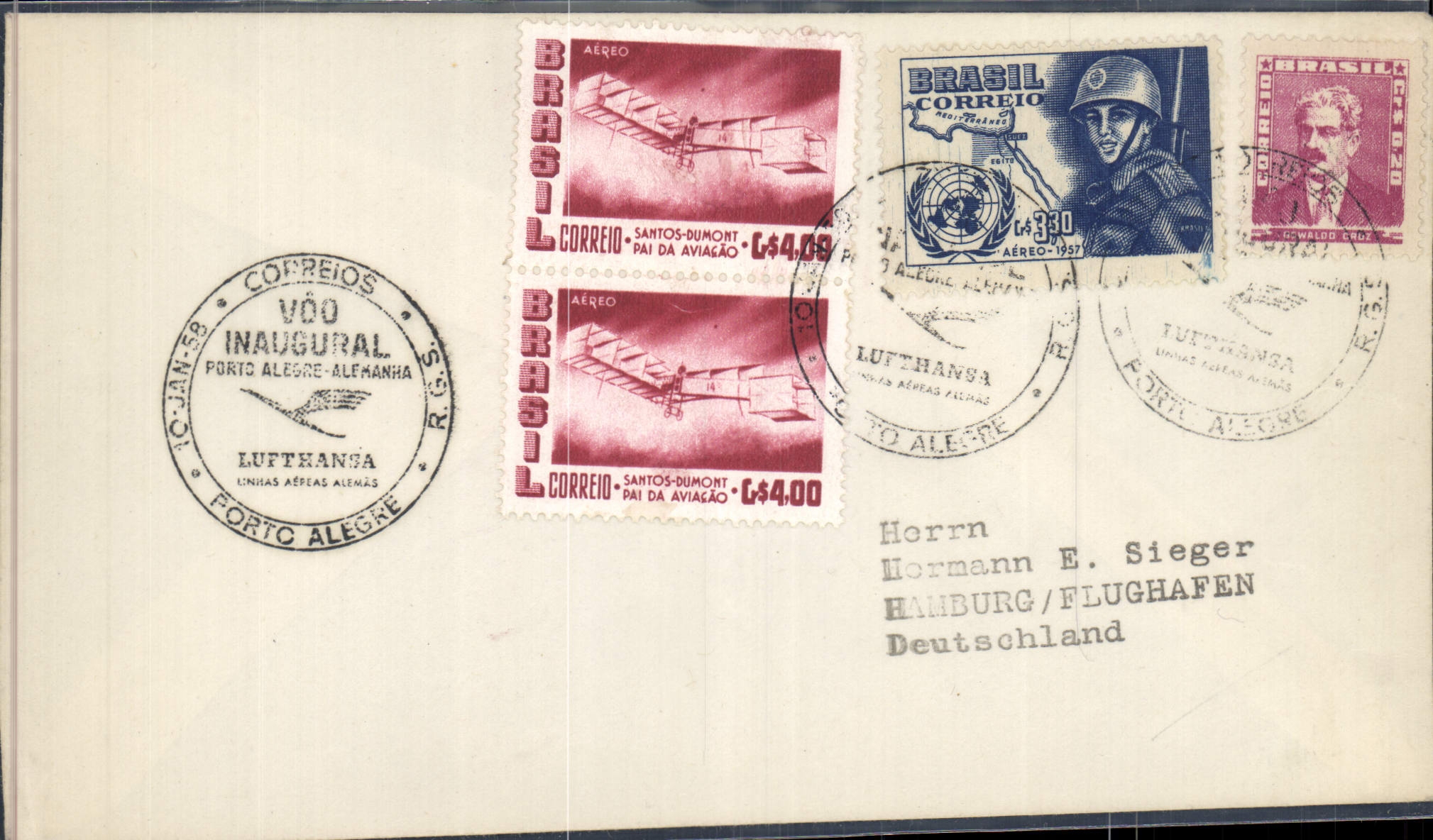 Lettre Bresil 1er Vol Lufthansa Porto Allegre pour Hambourg 10 1 1958