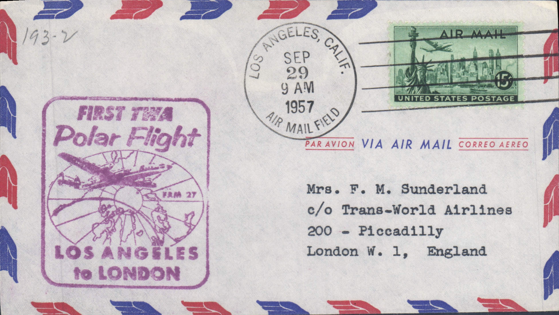 Primer vuelo de Trans World Airlines hacia el Polo — Los Ángeles a Londres — editor desconocido, n° de serie FAM 27