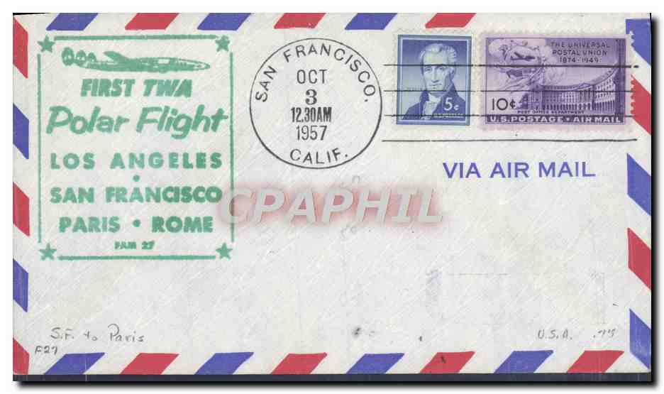 First TWA Polar Flight — Los Angeles to San Francisco — publisher TWA, no. F29
