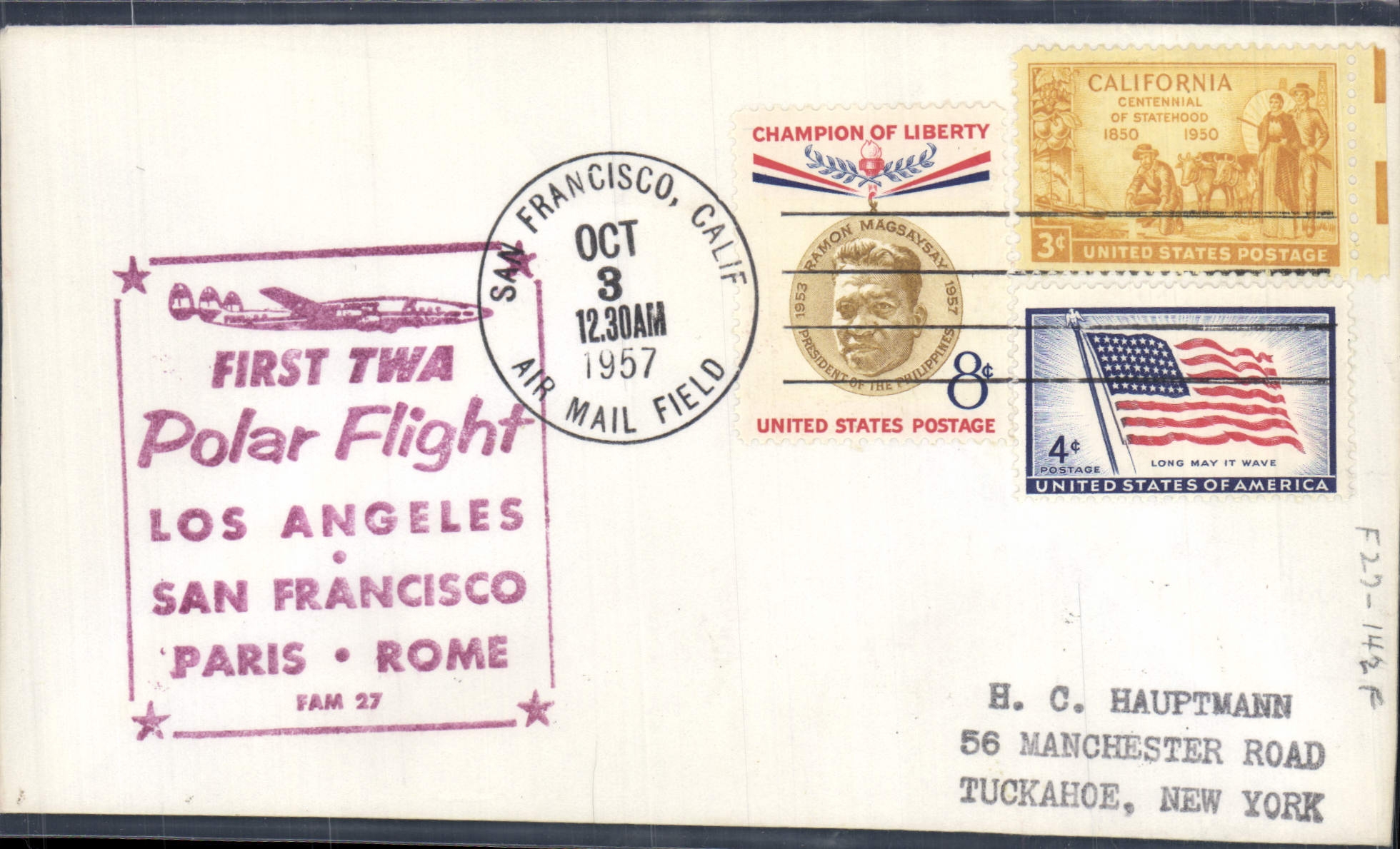 Lettre Etats Unis 1st flight Polar flight San Francisco Paris Rome 3 10 1957