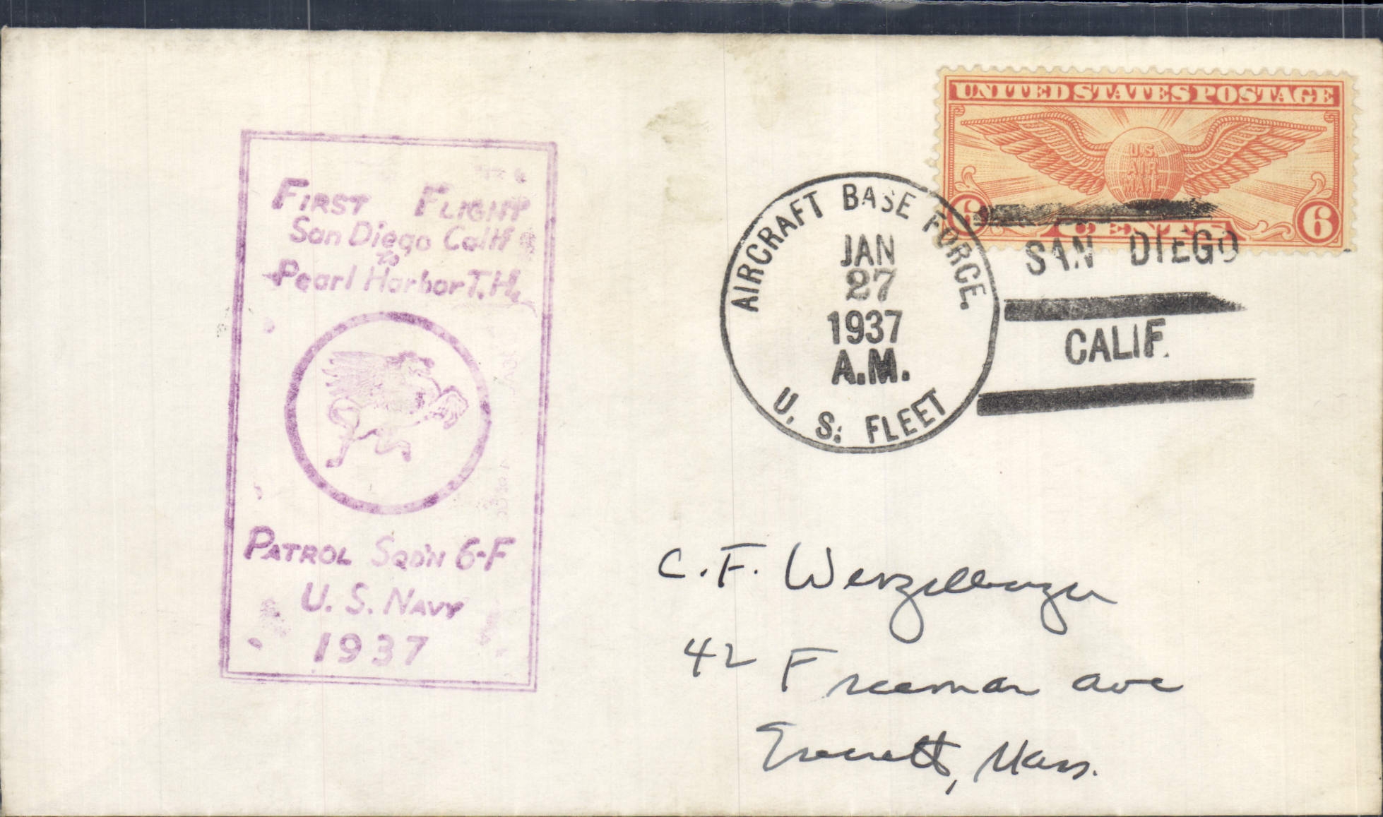 Lettre Etats Unis 1st flight San Diego Pearl Harbour 27 1 1937