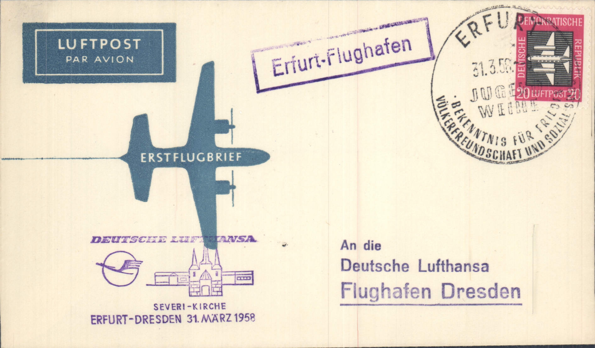 Lettre Allemagne DDR Erfurt Dresden 31 3 1958
