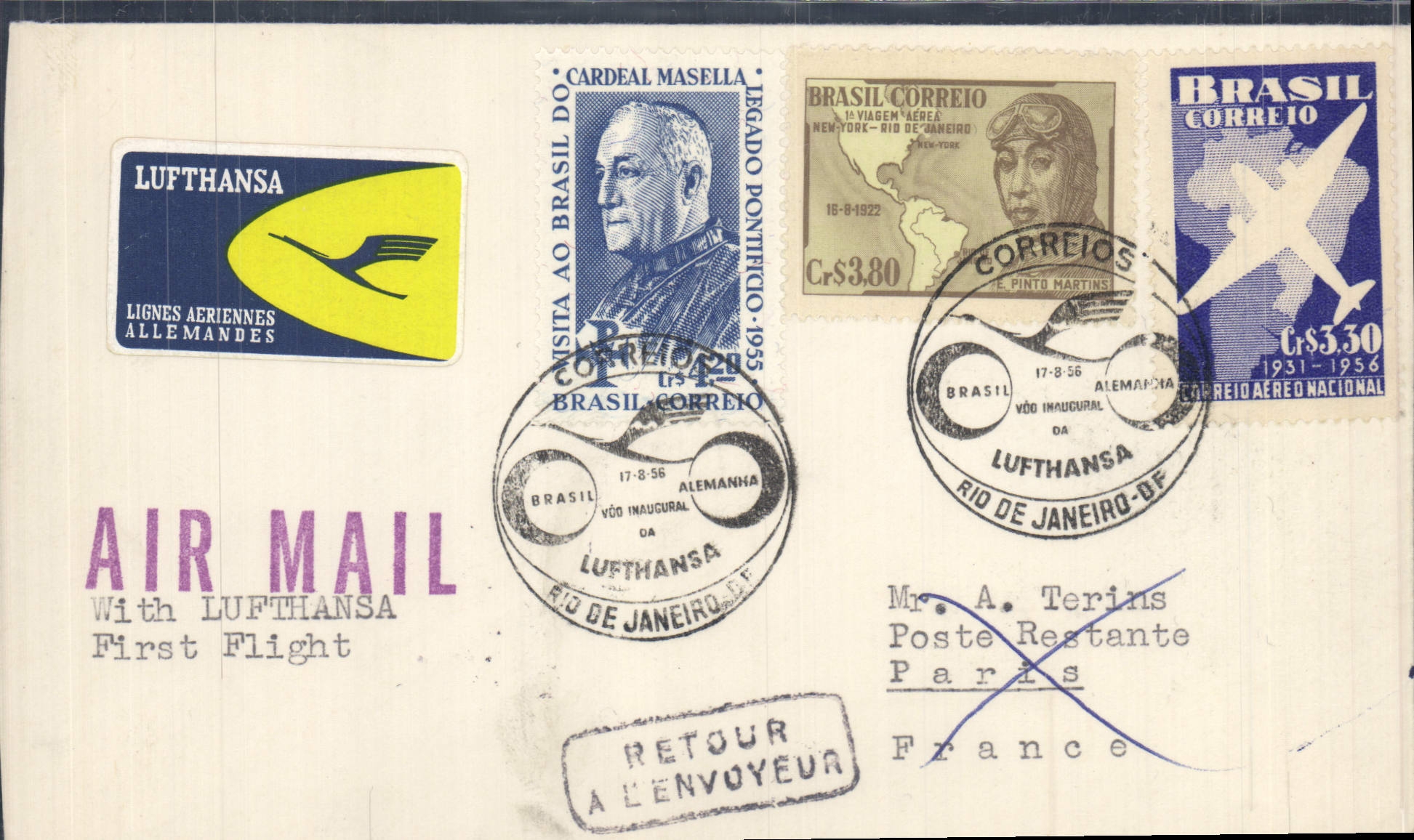 Lettre Brasil 1st flight Lufthansa tp Paris 17 8 56