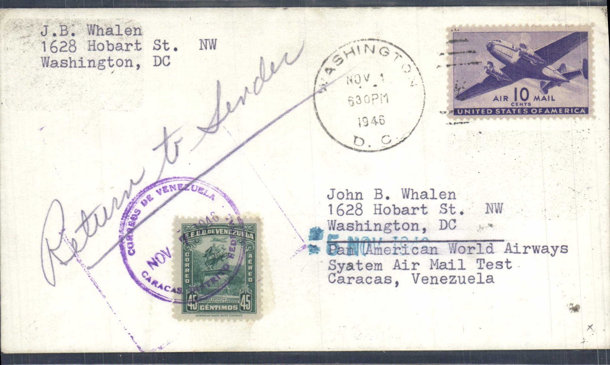 Washington D.C. — Test postale aerea — editore Pan American World Airways