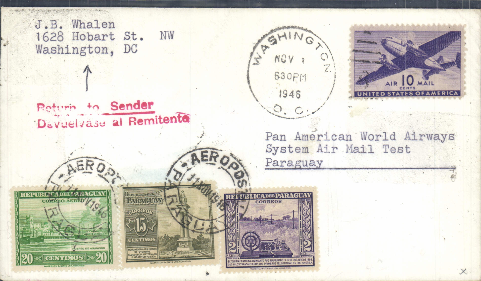 Test der Luftpost von Pan American World Airways — Paraguay — Washington DC — 1. November 1946
