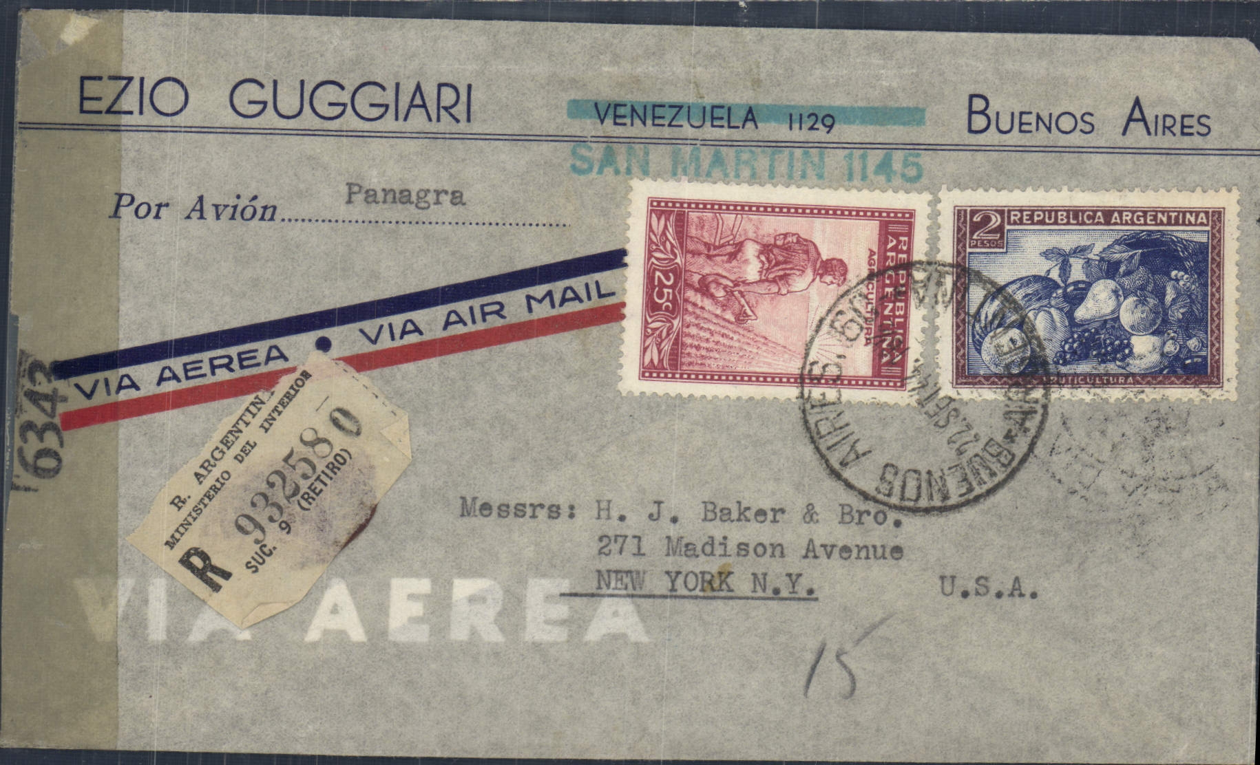 Lettre Argentine pour New York 22 9 1944