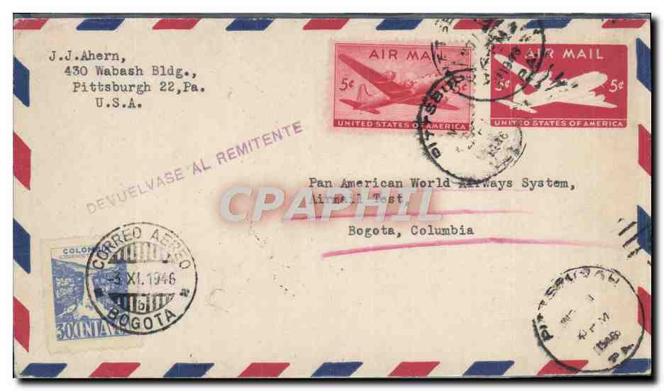 Bogotá, Colombia — Prueba de correo aéreo — Pan American World Airways System — sellos aéreos de EE.UU. de 5 centavos