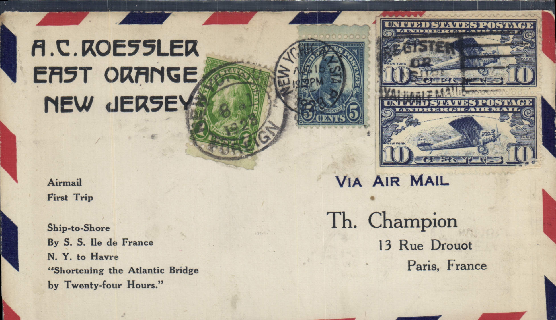 A.C. Roessler aan Th. Champion — New York naar Parijs — Airmail 1920