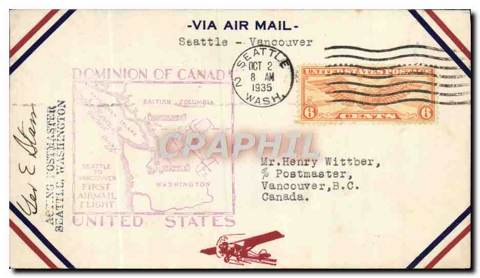 Premier vol aérien Seattle-Vancouver — Dominion of Canada — United States Post Office