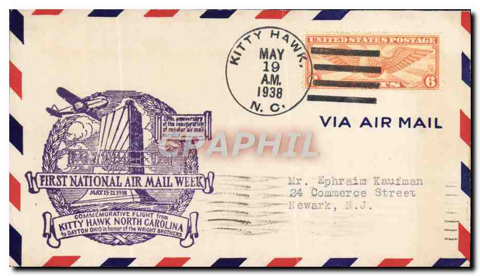 Lettre Etats Unis Kitty Hawk First national Air Mail week 19 5 1938