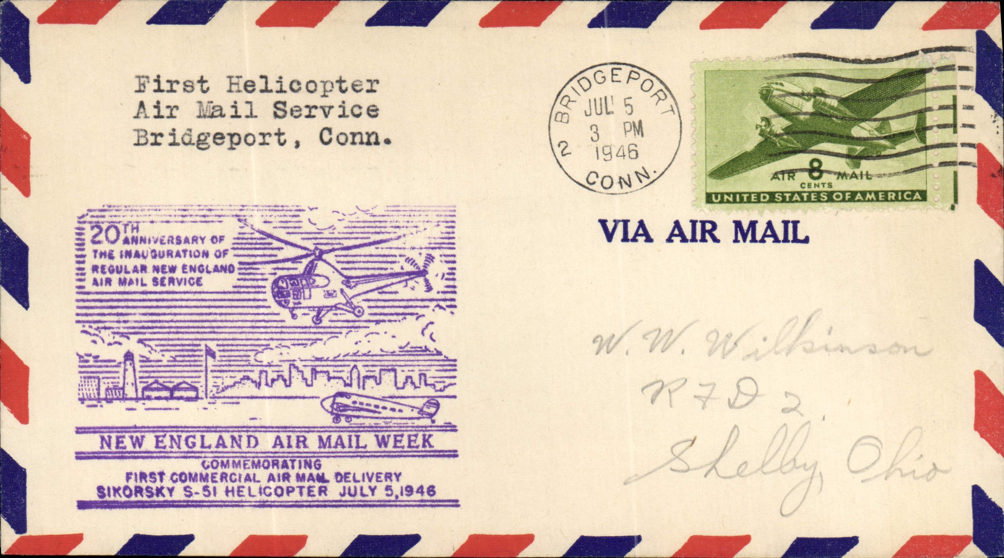 Lettre Etats Unis 1st flight Helicopter Helicoptere 5 7 1946 New England 