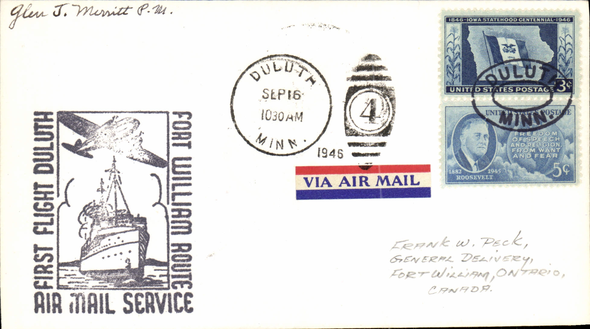 Erster Flug Duluth - Fort William — Luftpostdienst — Verlag nicht sichtbar