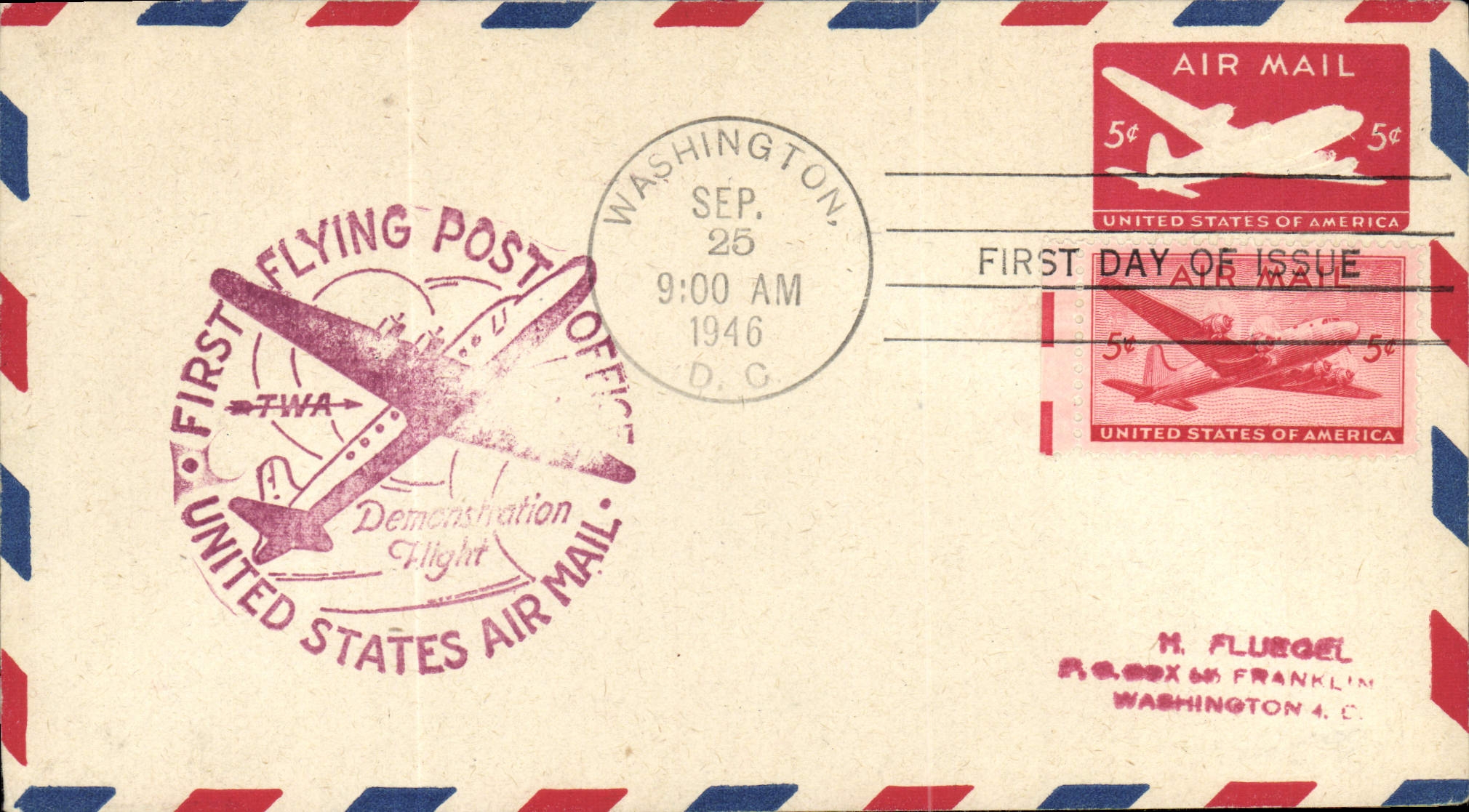 Lettre Etats Unis 1st flight Washington Flying Post Office 26 9 1946