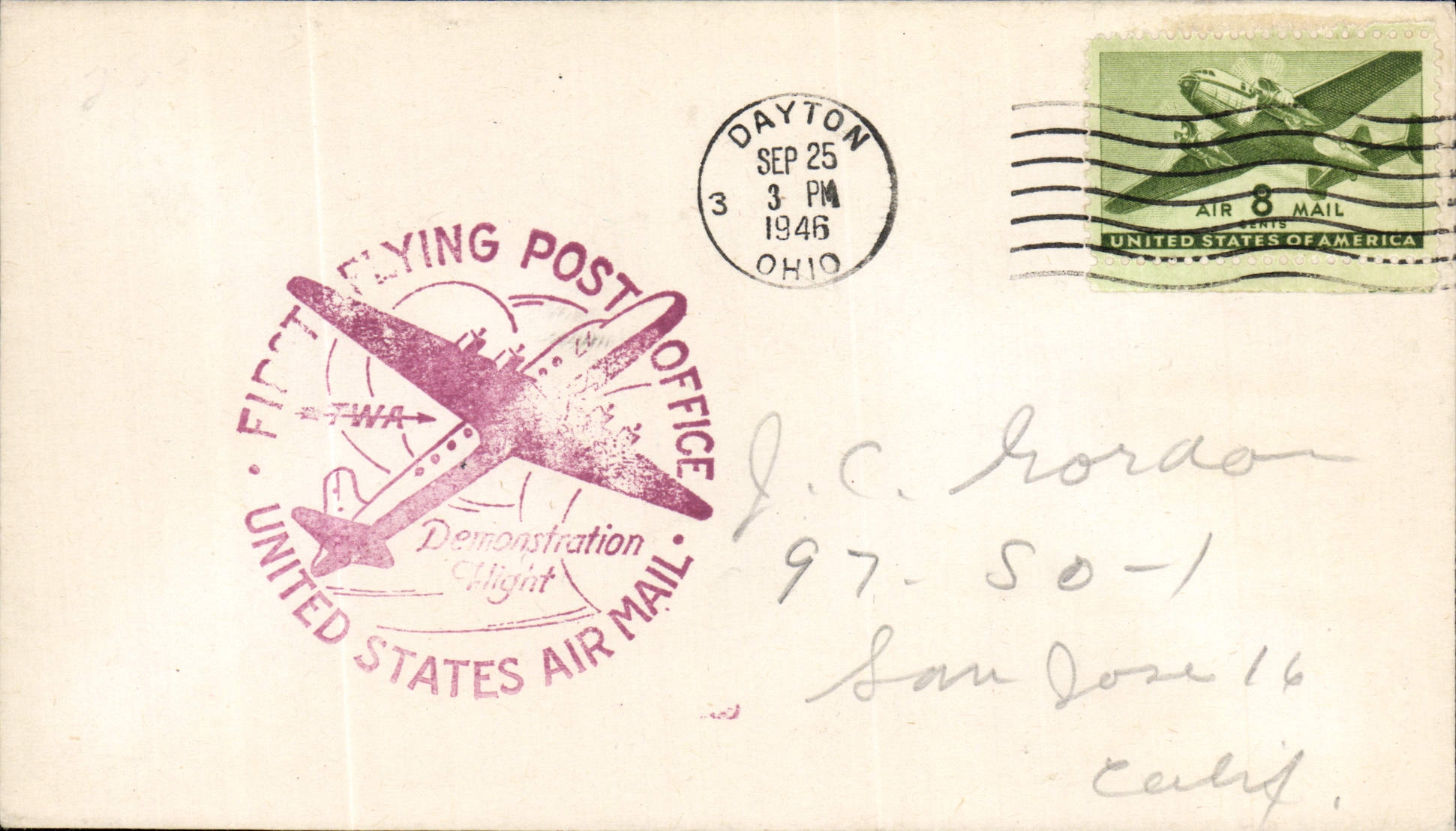 Dayton — Eerste luchtbriefbezorging — TWA — 25 september 1946