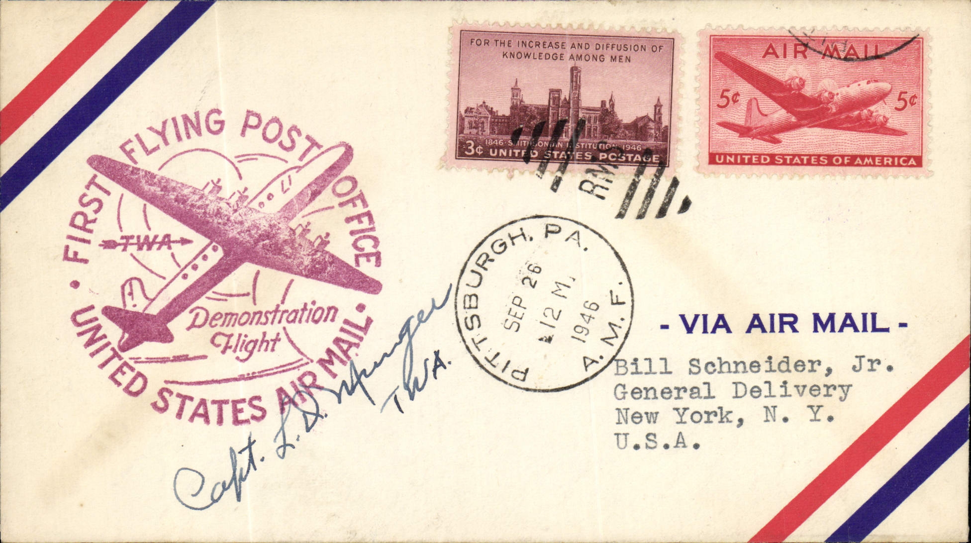 Lettre Etats Unis 1st flight Pittsburg Flying Post Office 26 9 1946