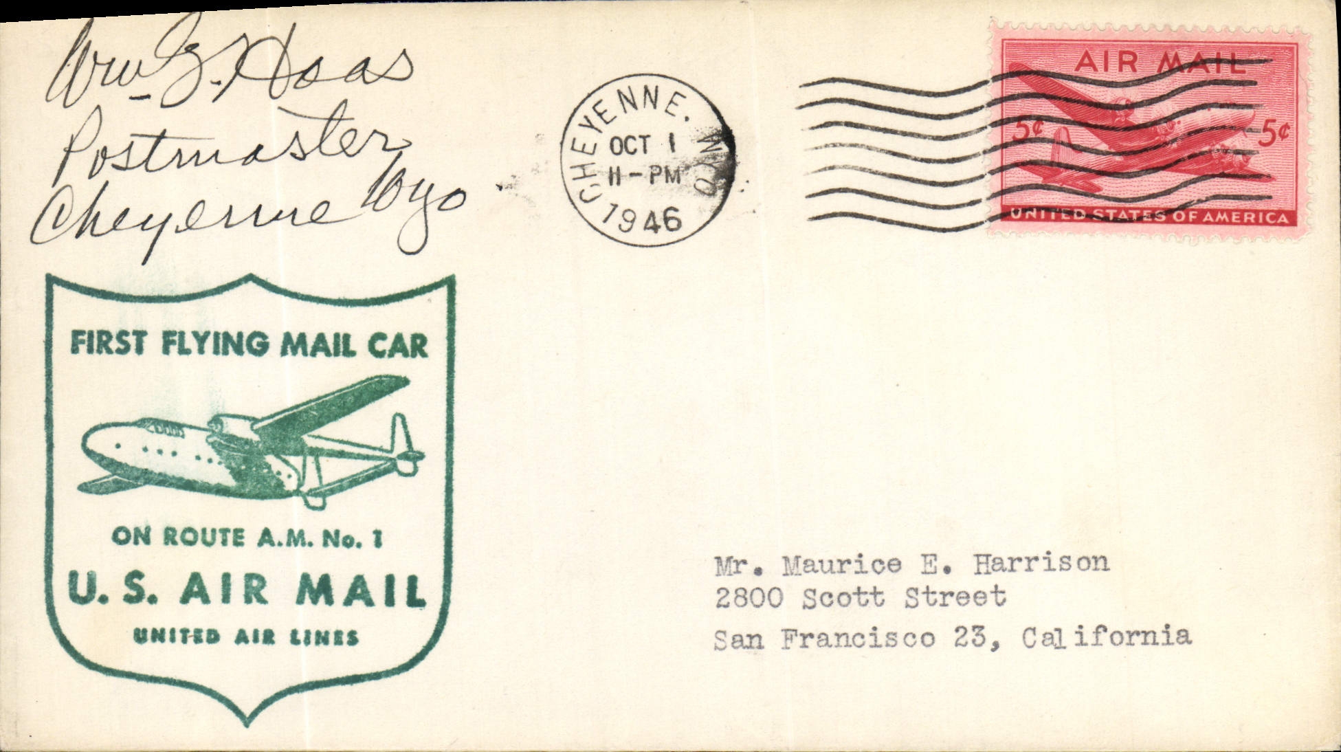 Eerste luchtbriefwagentje — Cheyenne — U.S. Air Mail