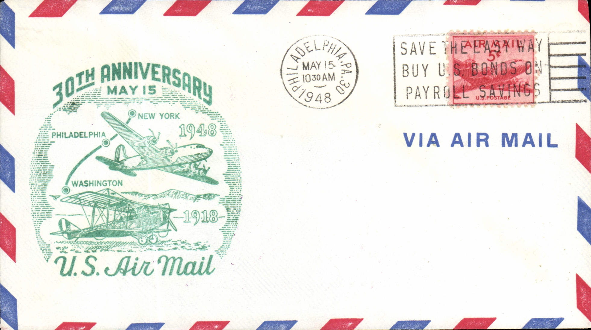 30e verjaardag van het Amerikaanse luchtvaartdienst — Philadelphia, 15 mei 1948 — U.S. Air Mail