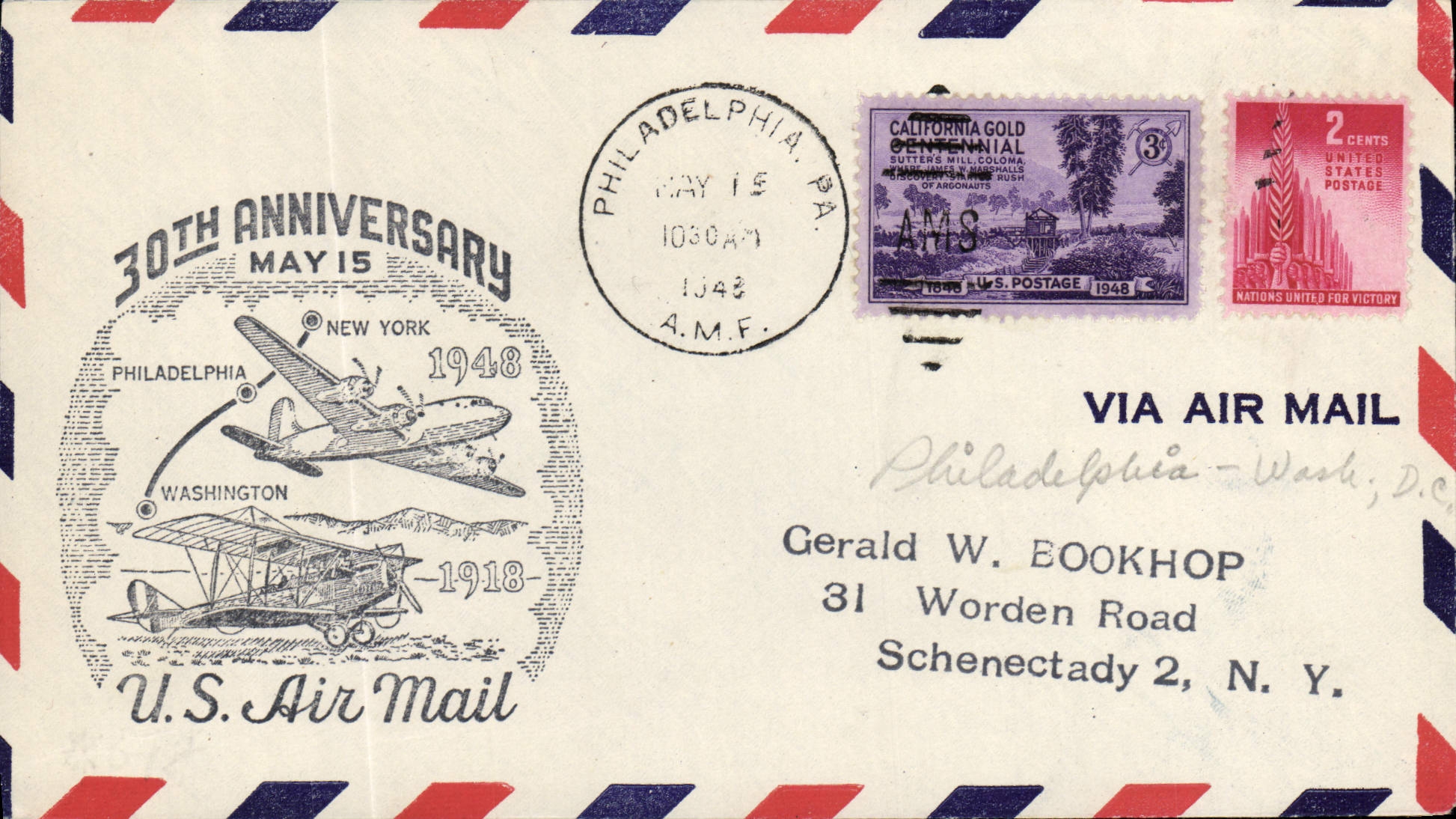 30° Anniversario del servizio postale aereo statunitense — Filadelfia — 1948