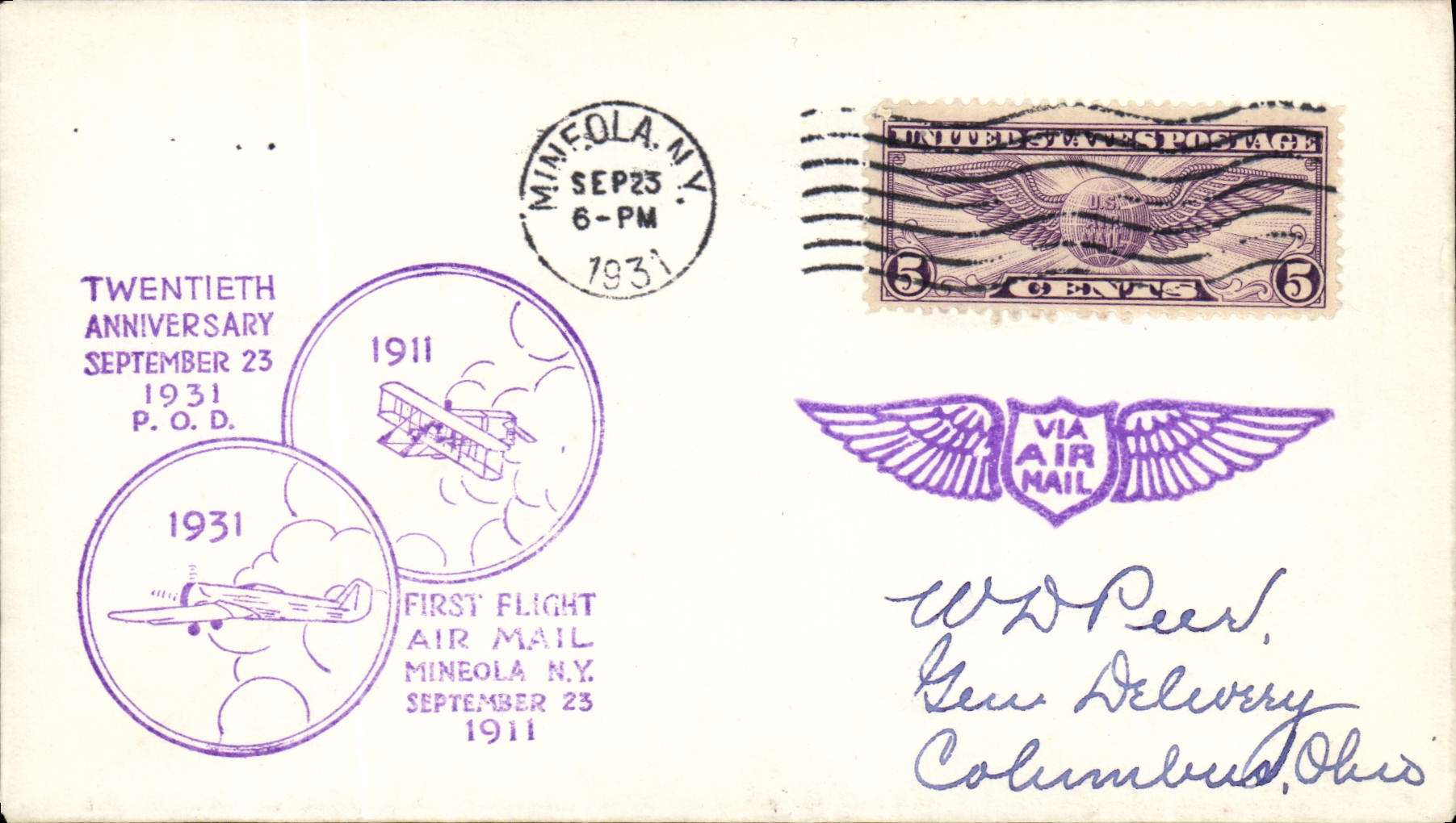 Anniversaire du premier vol postal aérien à Mineola — 20e anniversaire — 1931