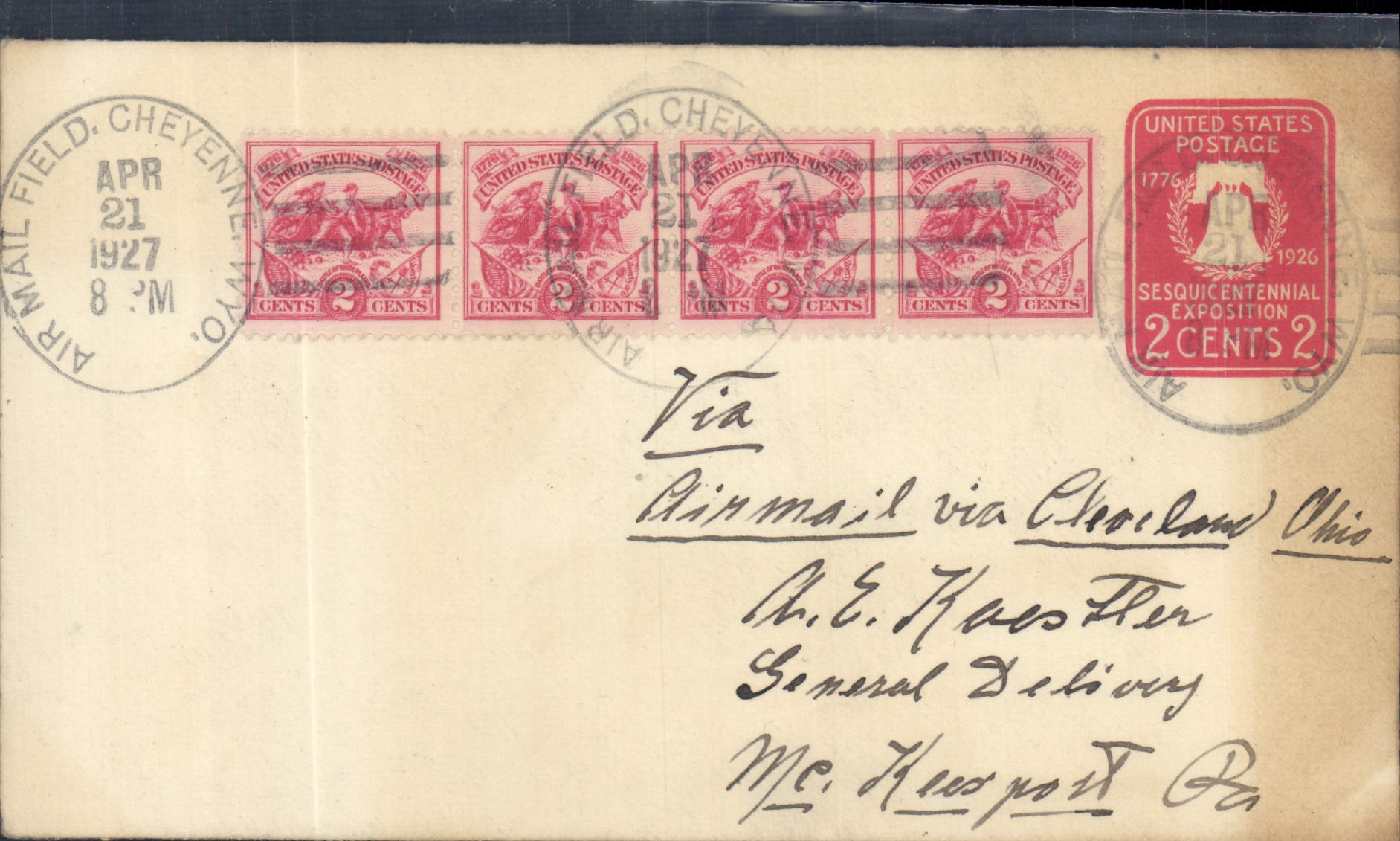 Cheyenne Air Mail Field — 1927 — 4 Stempel zu 2 Cent und 1 Stempel zu 2 Cent für die Sesquicentennial-Ausstellung