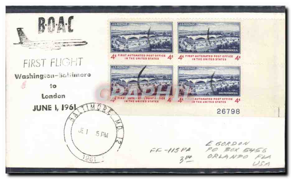 Lettre Etats Unis 1st flight Waashington Baltimore 1 6 1961