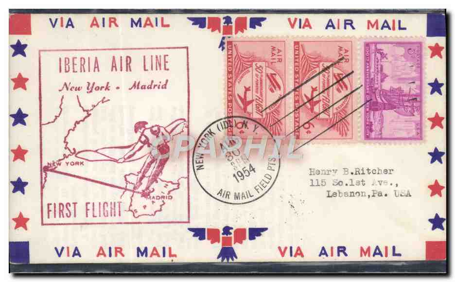 Lettre Etats Unis 1st flight Iberia Air Line New York Madrid 30 8 1954 Corrida