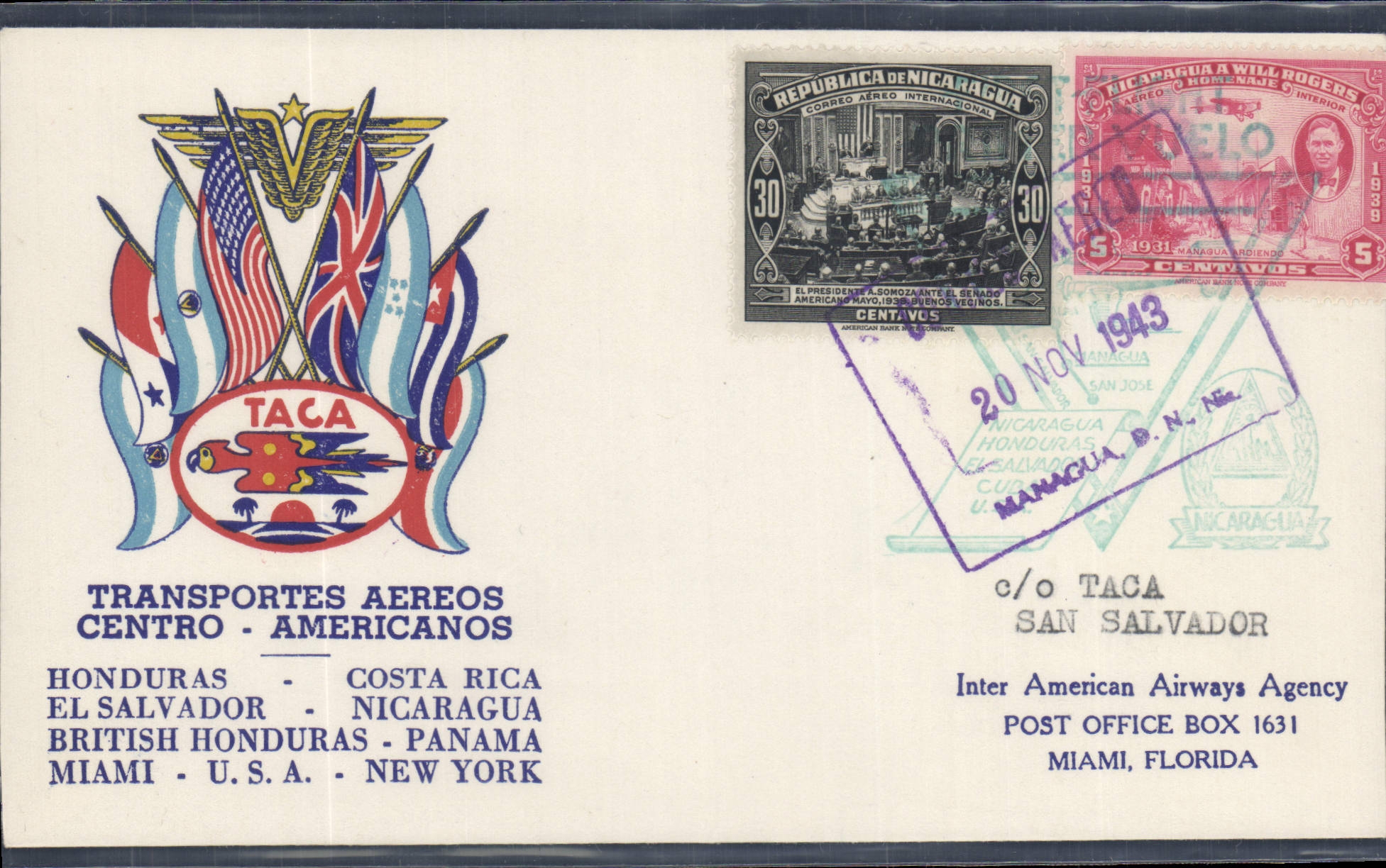 Lettre Vol Nicaragua to Miami 20 1943