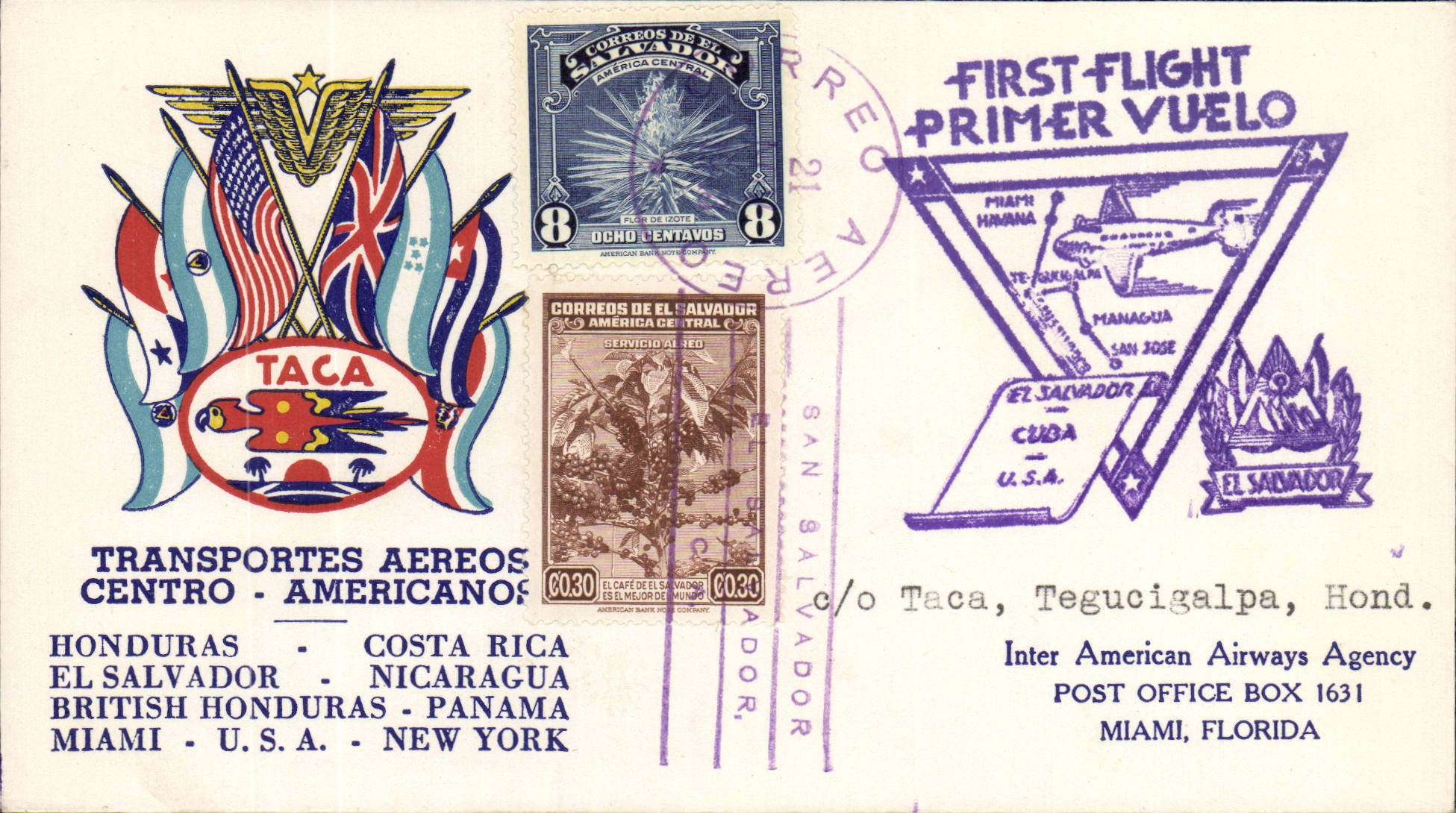 Lettre Vol Salvador to Miami 20 11 1943