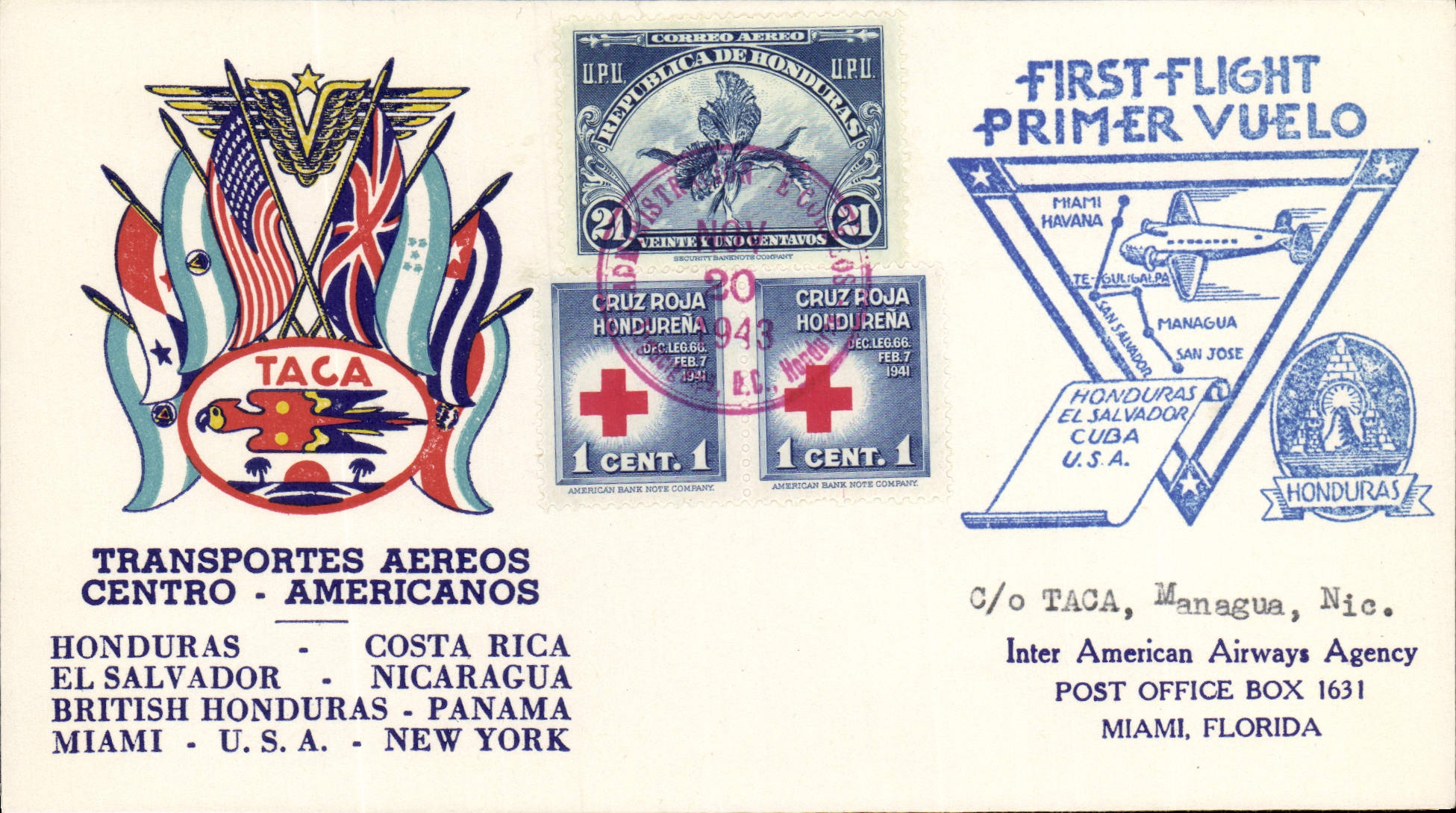 Lettre Vol Honduras to Miami 20 11 1943