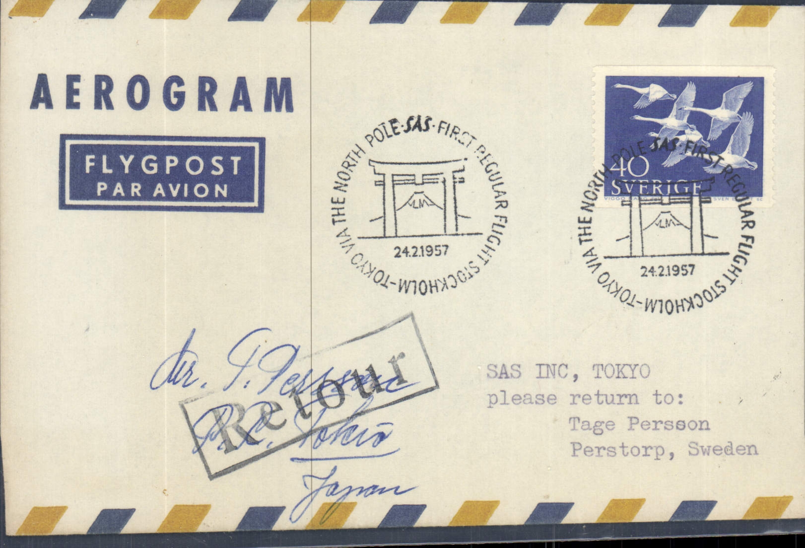 Aerogramme Suede SAS Stockholm Tokyo 24 2 1957 