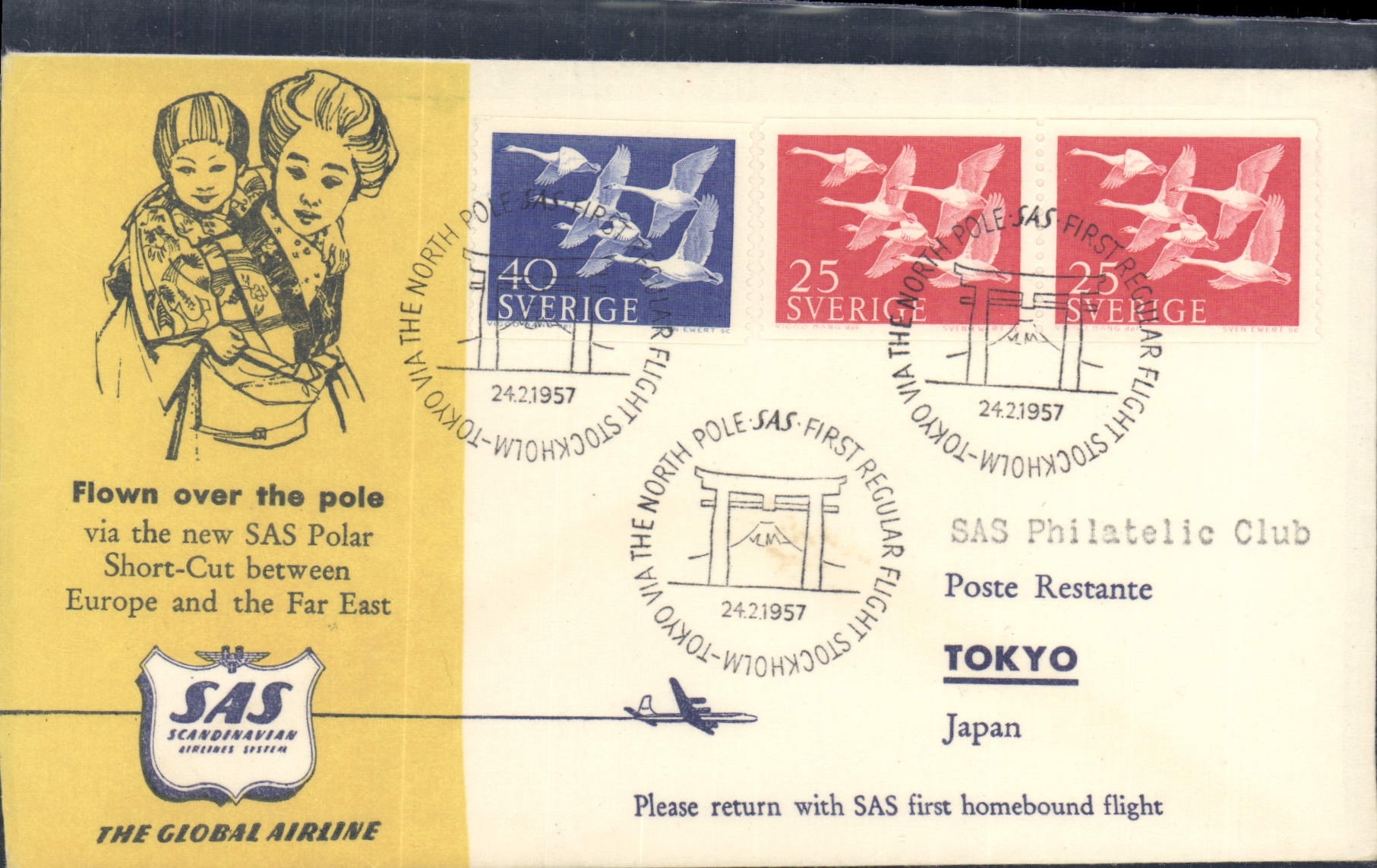 Lettre Suede SAS Stockholm Tokyo 24 2 1957