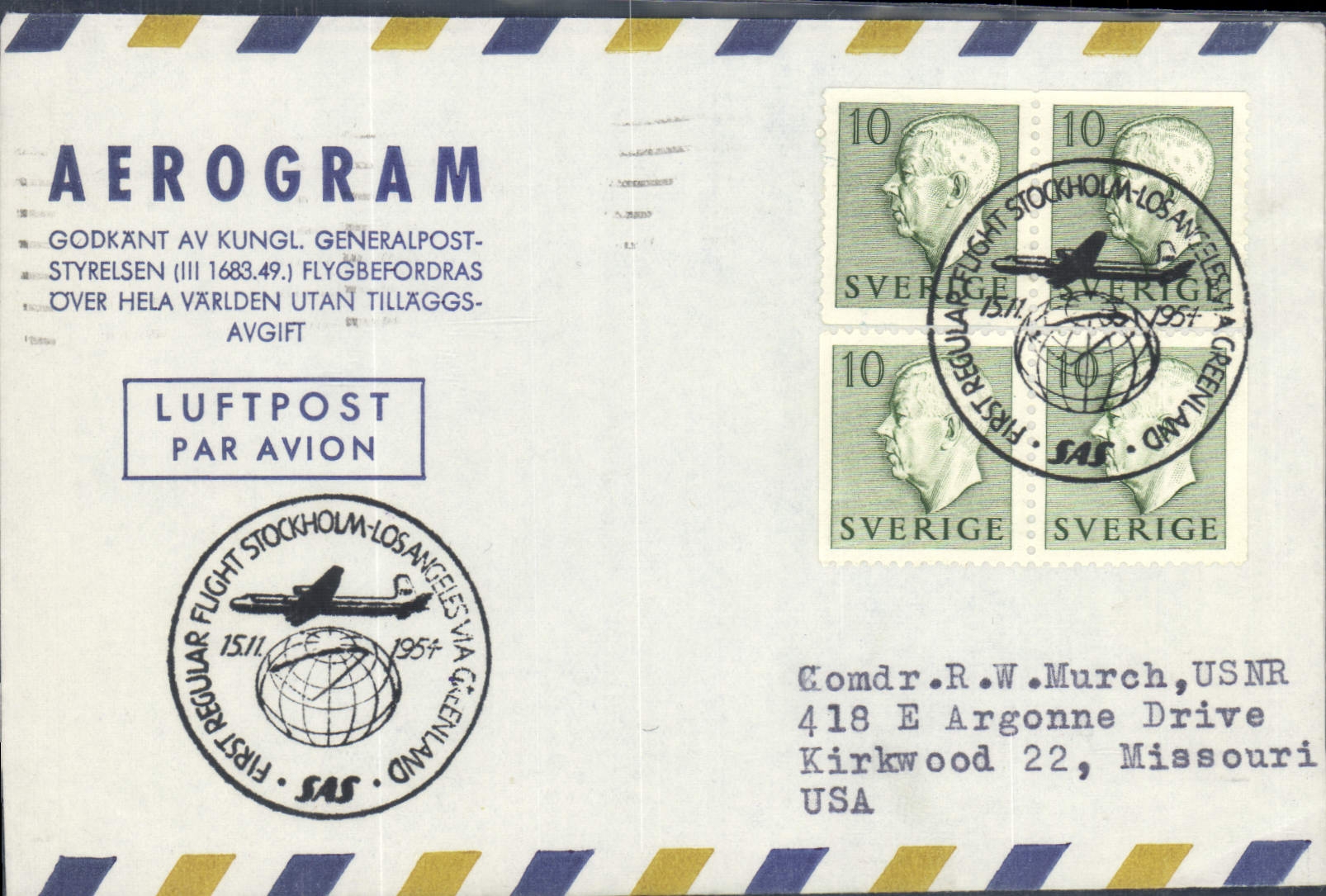 Aerogramme Suede Sotckholm Los Angeles 15 1 1954