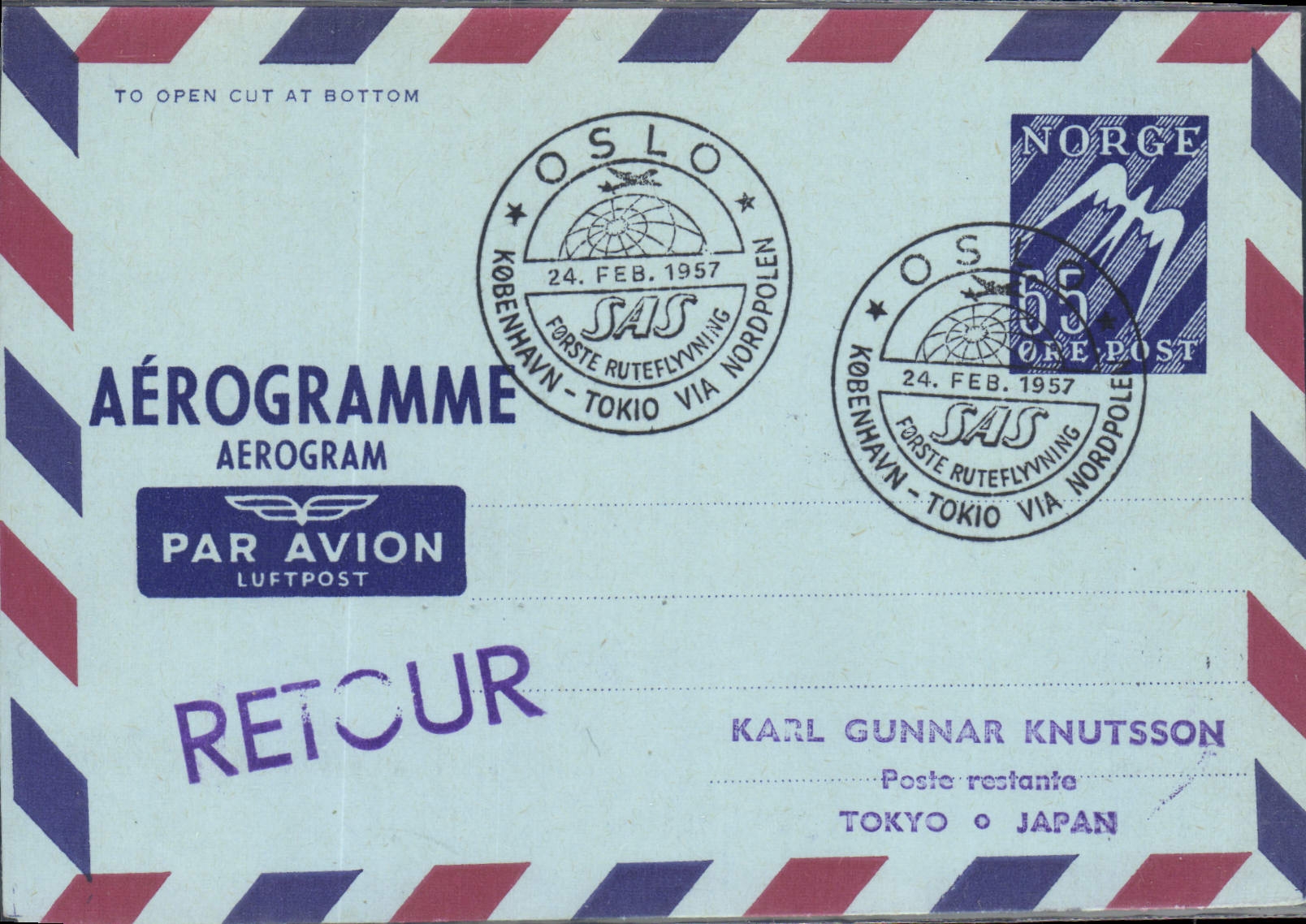 Aerogramme Norvege Copenhagen Tokyo 24 2 1957