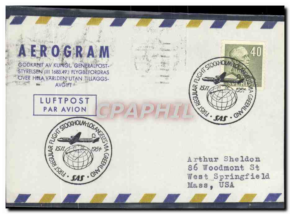 Aerogramme Suede 15 11 1954 Stockholm Los Angeles 15 11 1954