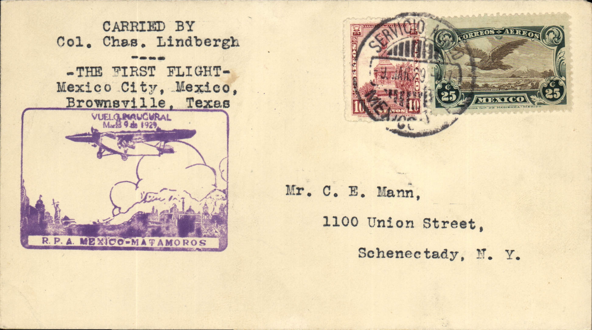 Lettre Mexique Lindbergh Mexico Brownsville 9 1 1929