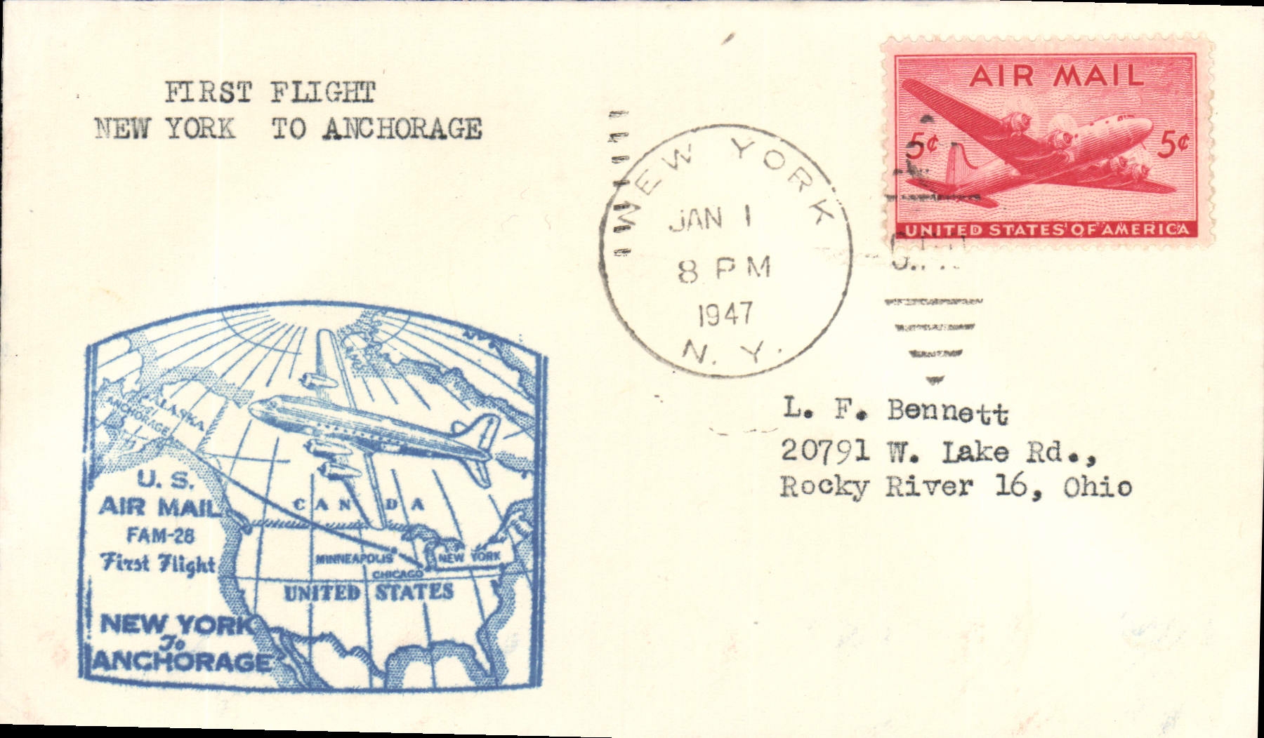 Primo volo New York a Anchorage — U.S. Air Mail FAM-28 — editore non visibile