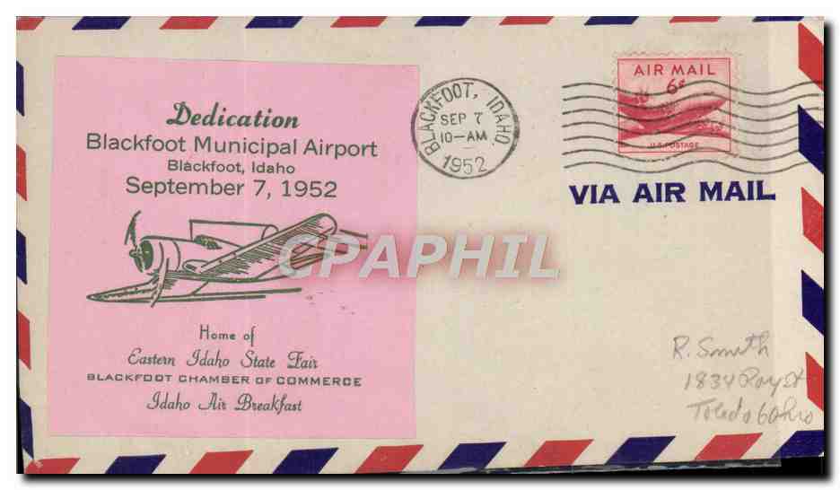 Lettre Etats Unis Flight Dedication Blackfoot Municipal Airport 7 9 1952 
